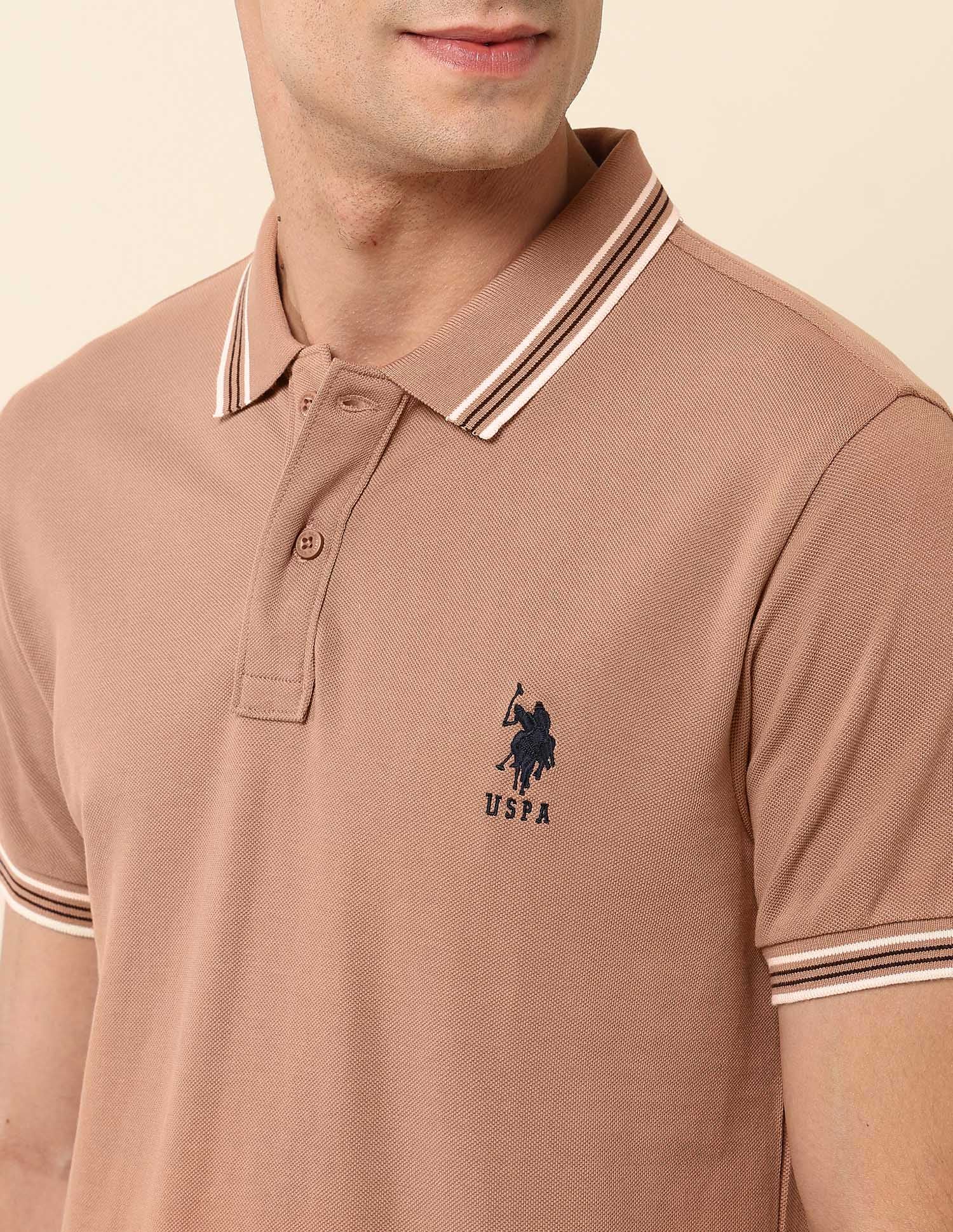 Slim Fit Solid Polo Shirt Beige - U.S. Polo Assn. India | Large