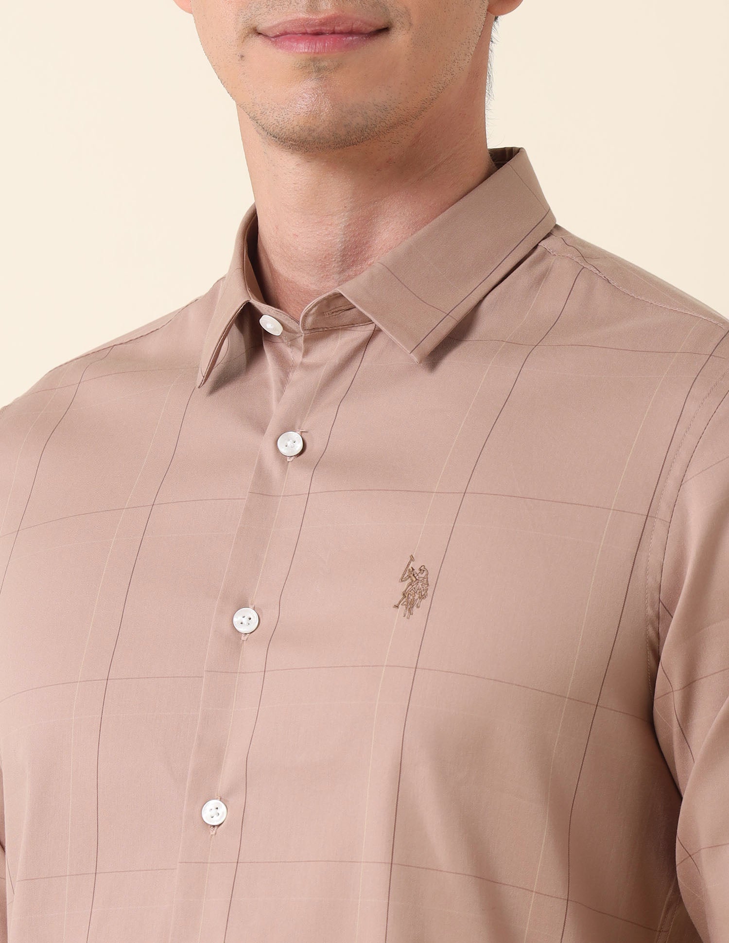 Windowpane Checked Tailored Fit Shirt Peach - U.S. Polo Assn. India | Large
