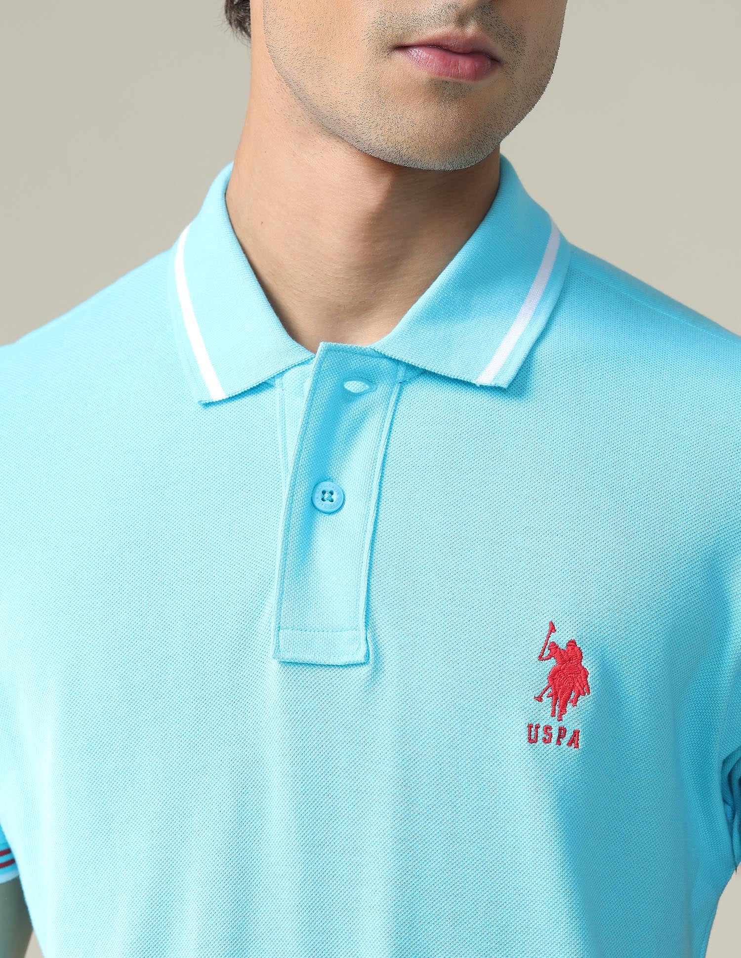 Striped Hem Cotton Polo Shirt Aqua - U.S. POLO ASSN. | Large
