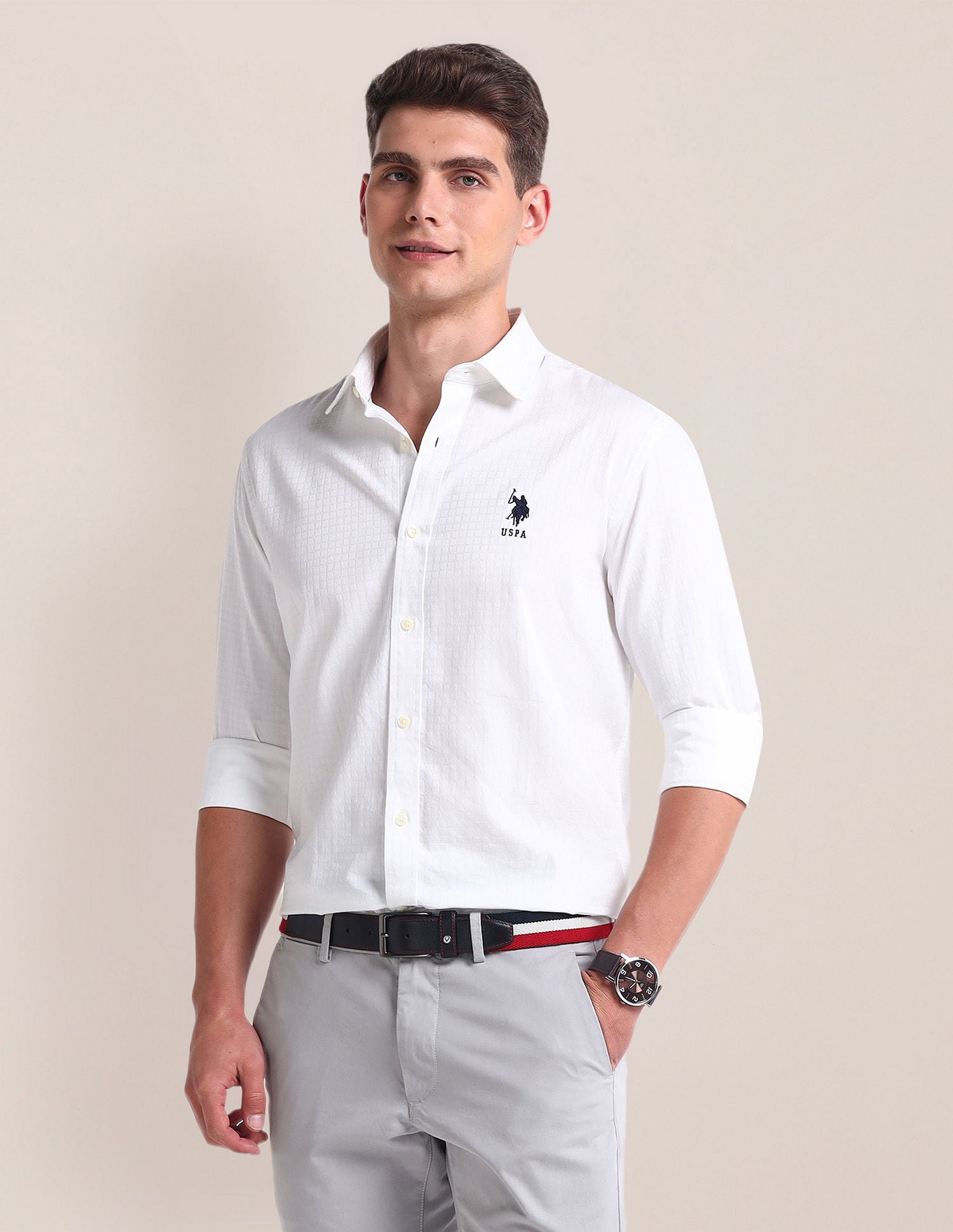 Semi Cutaway Collar Cotton Shirt White - U.S. POLO ASSN. | Large