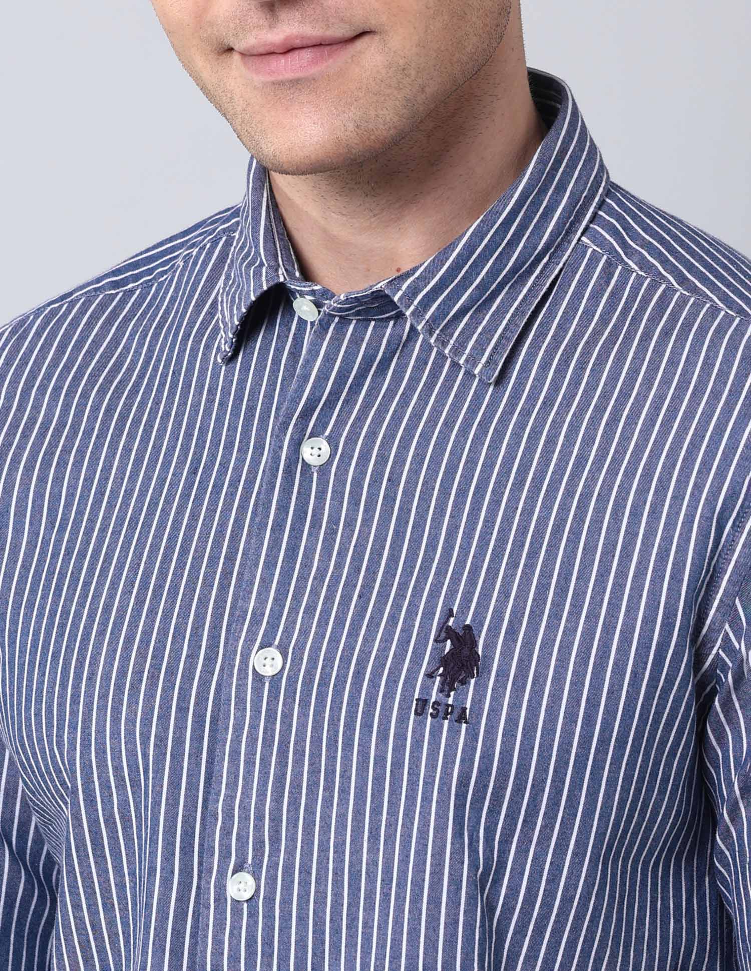 Vertical Striped Pure Cotton Shirt Indigo - U.S. Polo Assn. India | Large