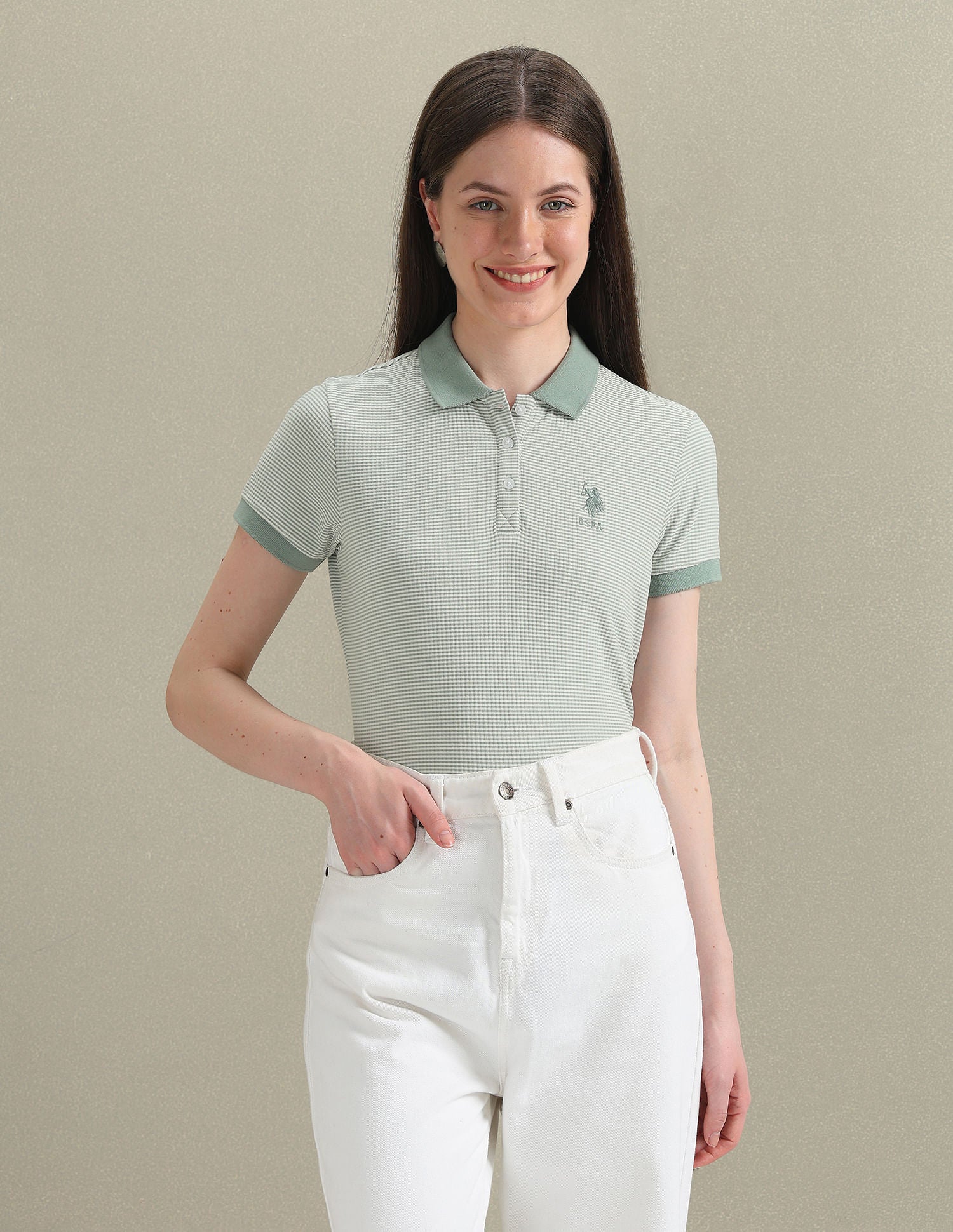 Ribbed Collar Patterned Polo Shirt Light Green - U.S. POLO ASSN. | Large