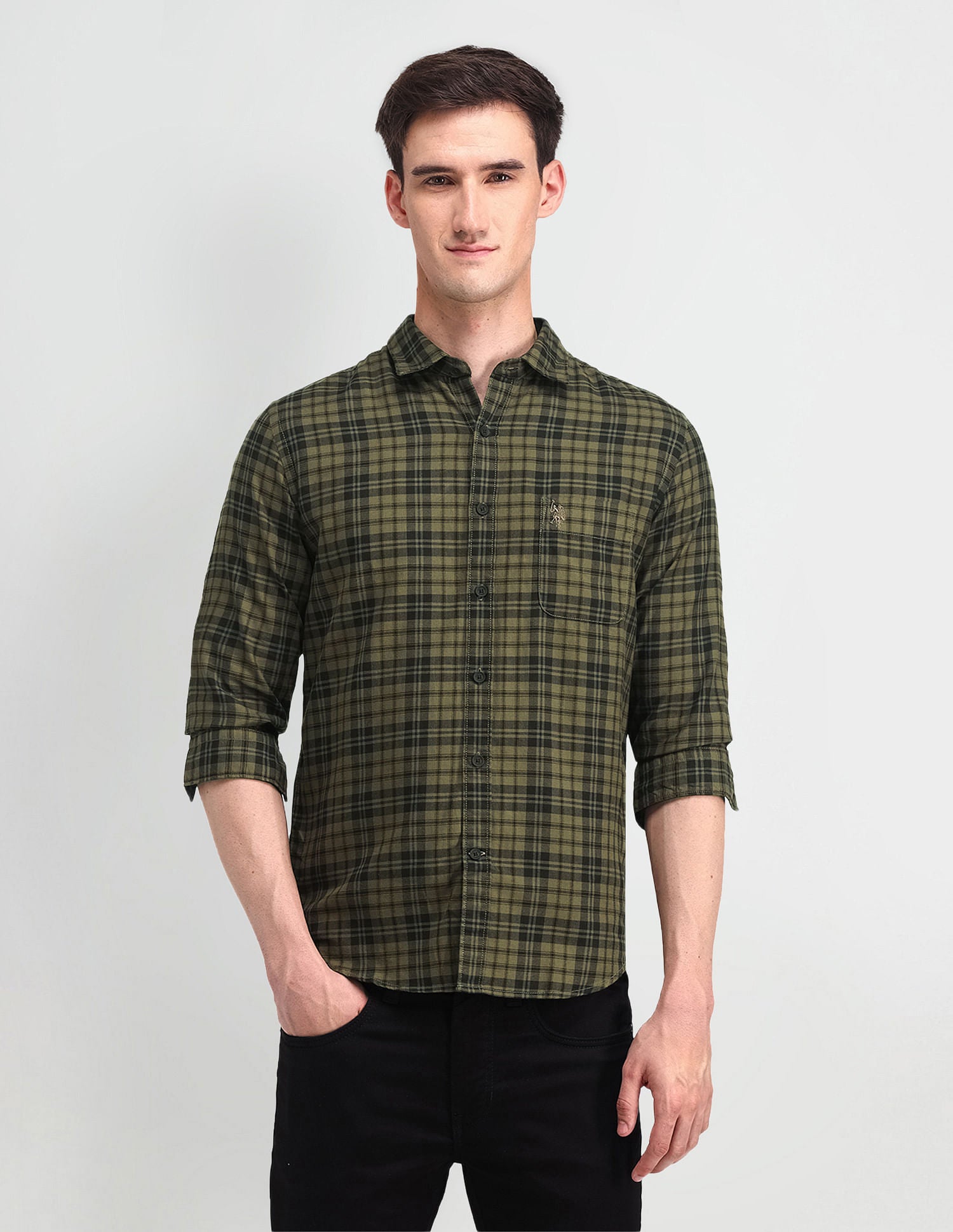 Slim Fit Herringbone Shirt Olive - U.S. Polo Assn. India | Large