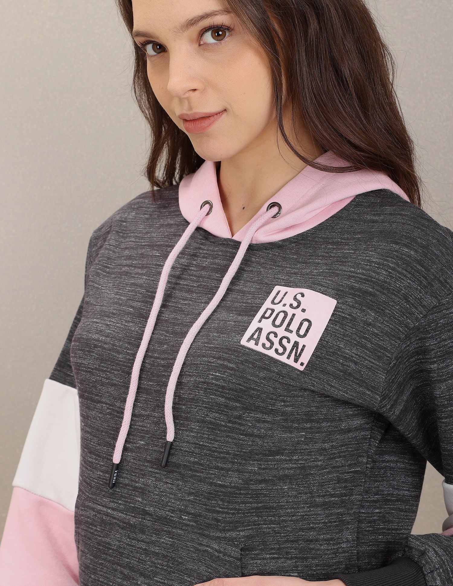 Hooded Panelled Sleeve Heathered Sweatshirt Grey - U.S. Polo Assn. India | Large