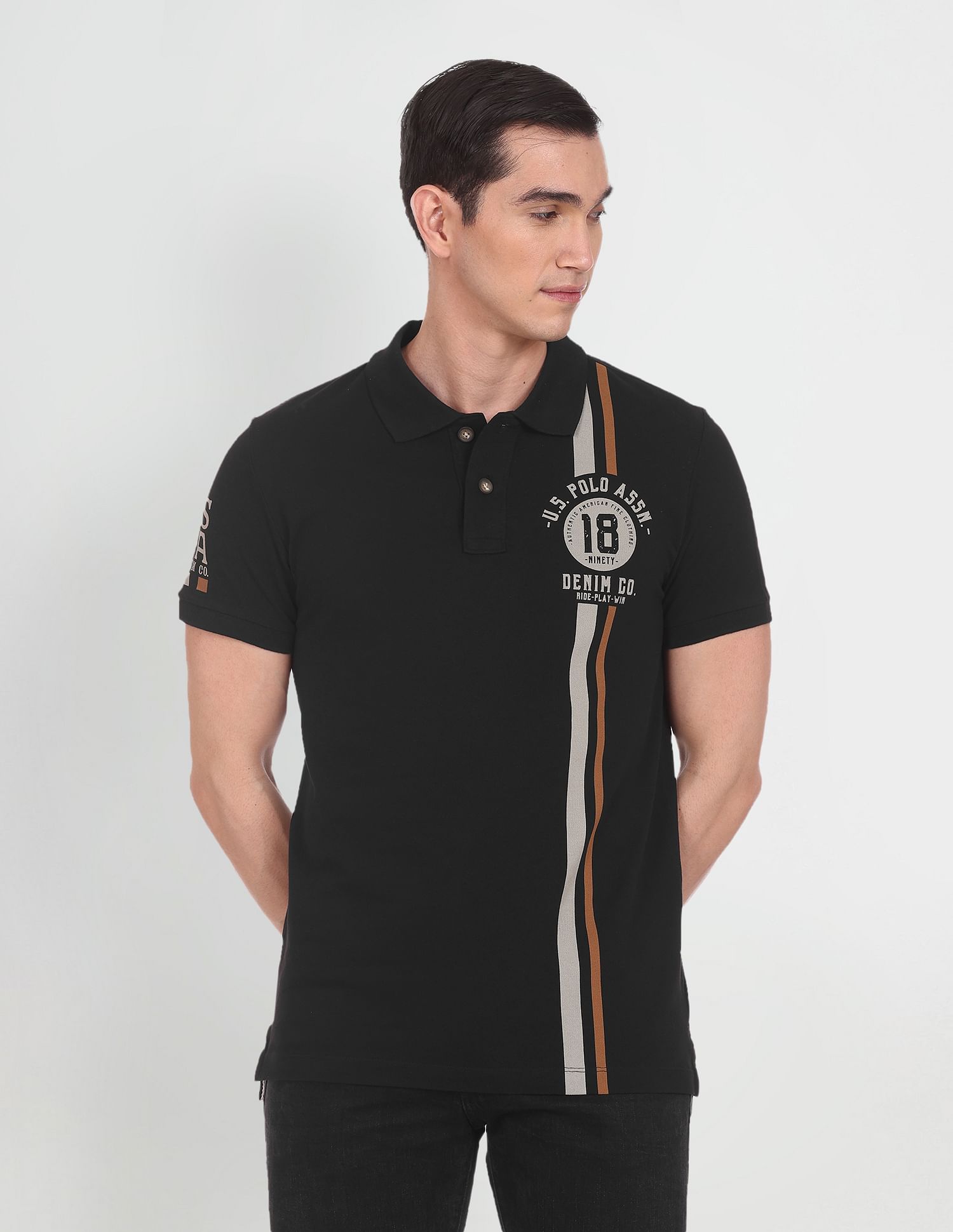 Typographic Print Cotton Polo Shirt Black - U.S. Polo Assn. India | Large
