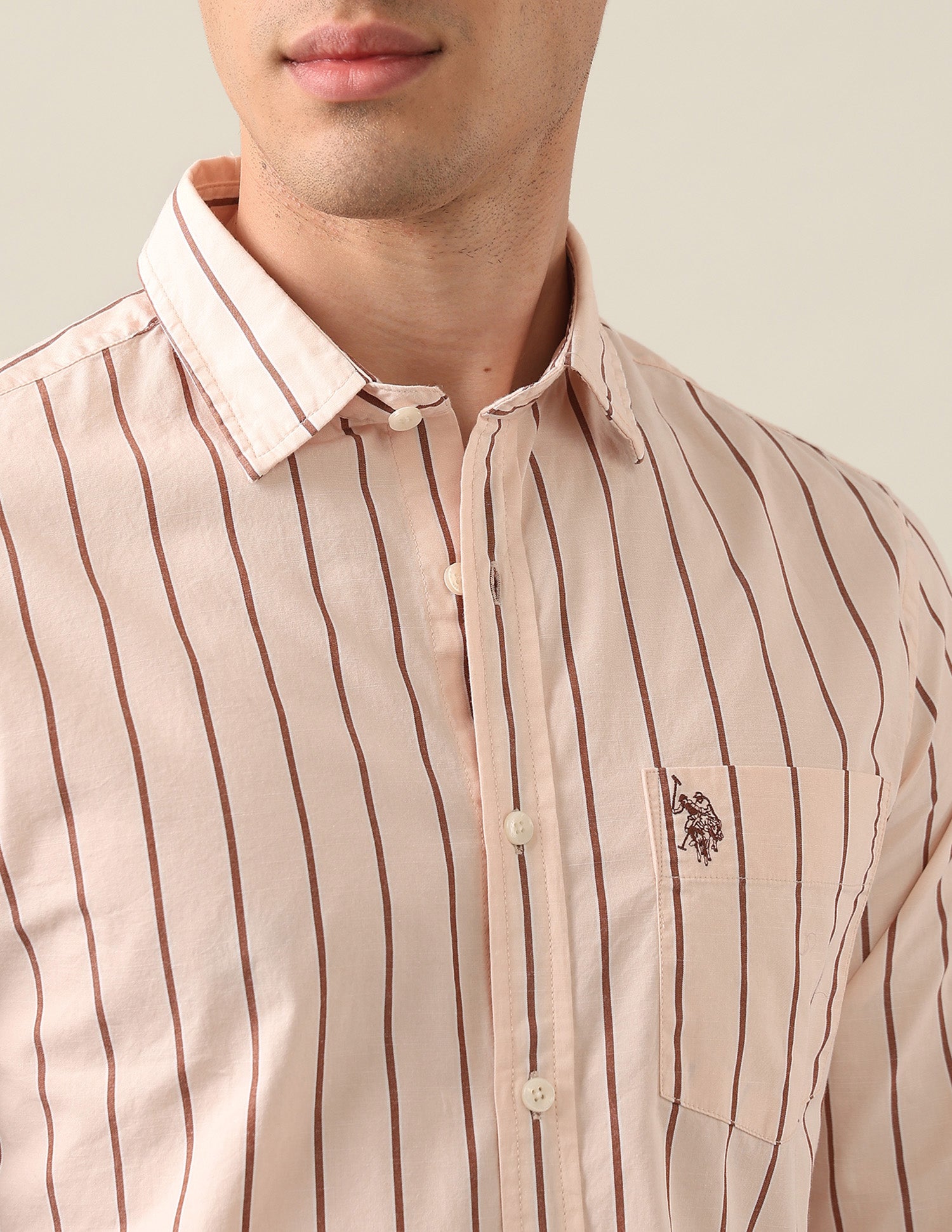 Tailored Fit Vertical Striped Shirt Peach - U.S. Polo Assn. India | Large