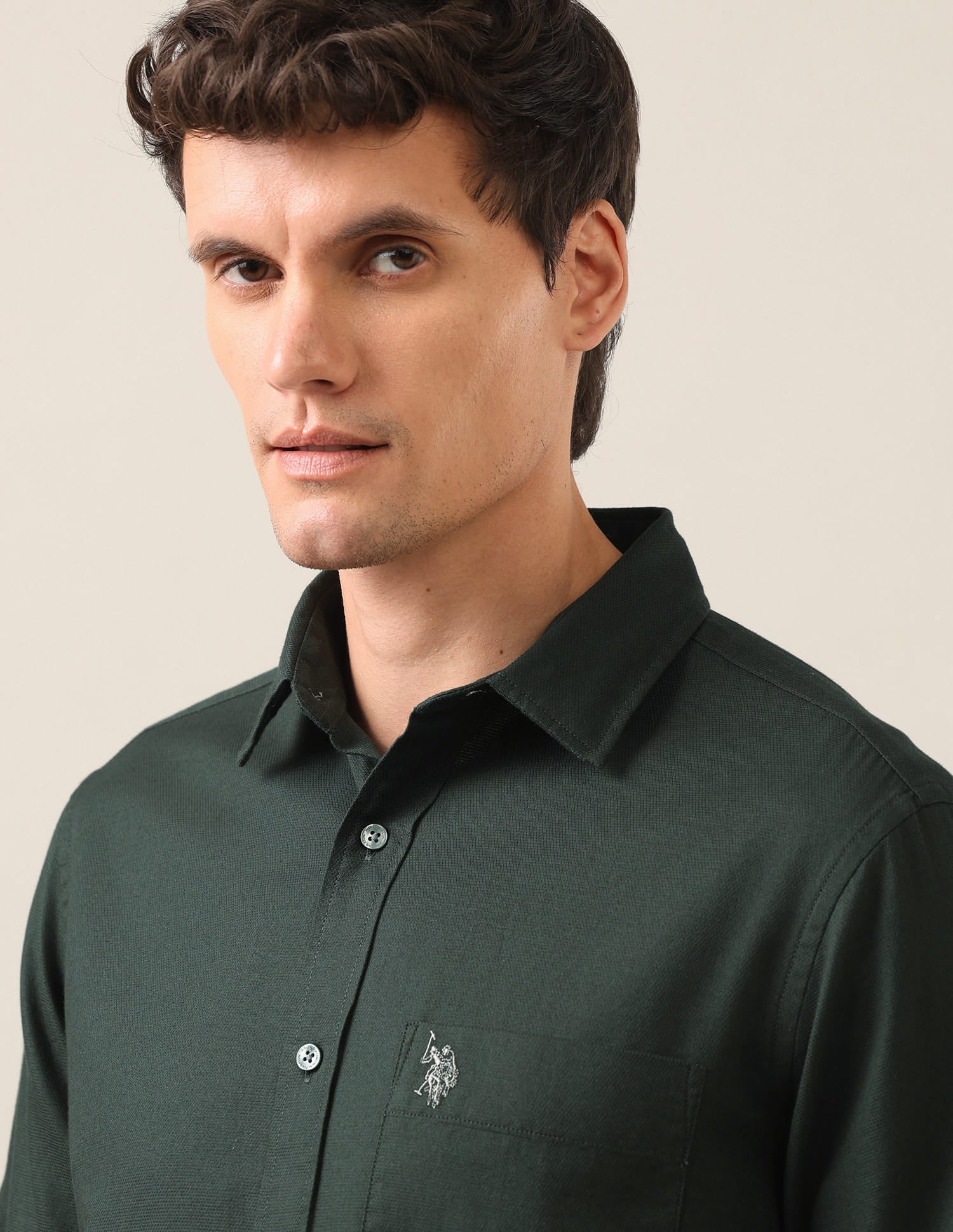 Solid Dobby Shirt Dark Green - U.S. Polo Assn. India | Large