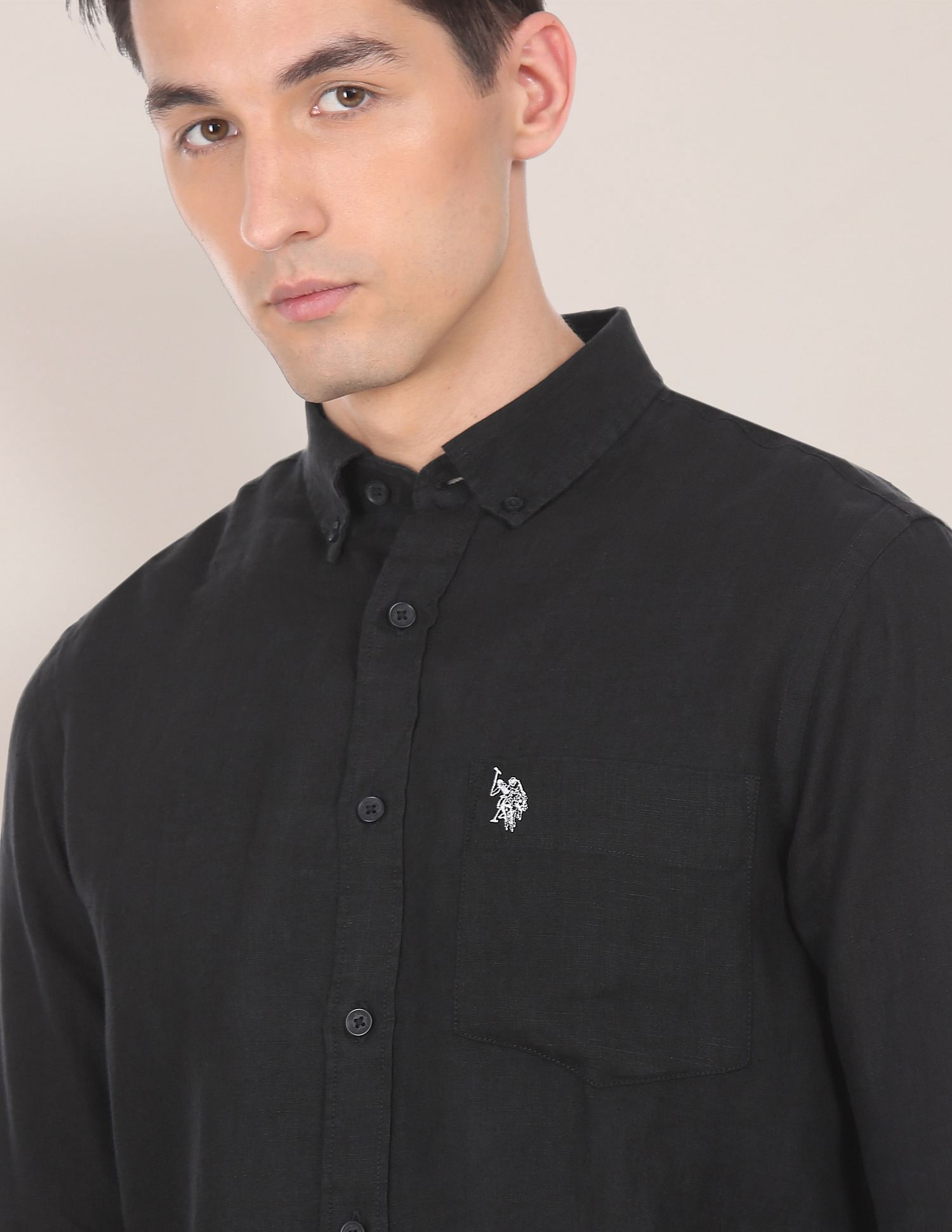 Men Black Button Down Collar Linen Solid Casual Shirt Black - U.S. POLO ASSN. | Large