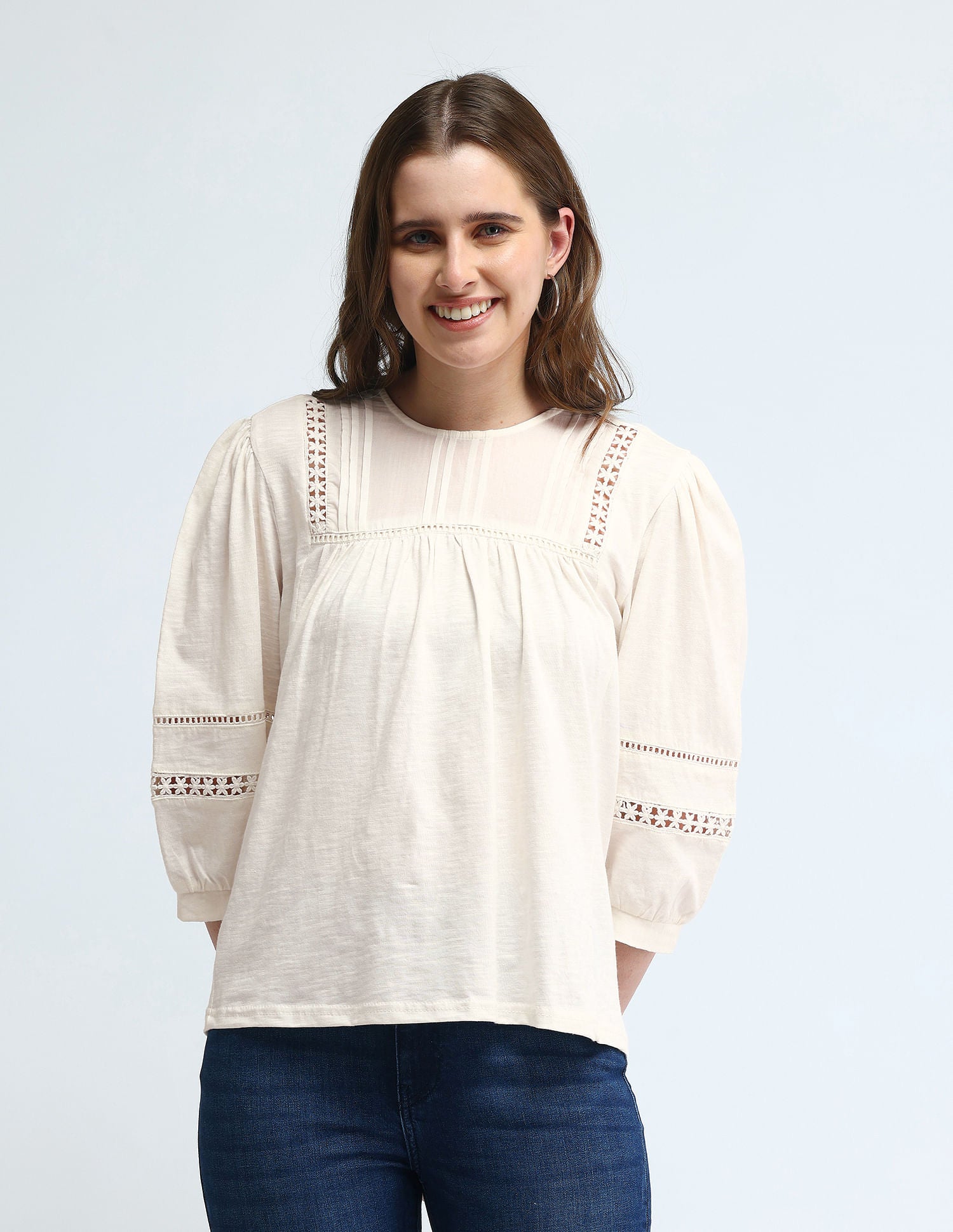 Lace Detailed Cotton Top Off White - U.S. POLO ASSN. | Large