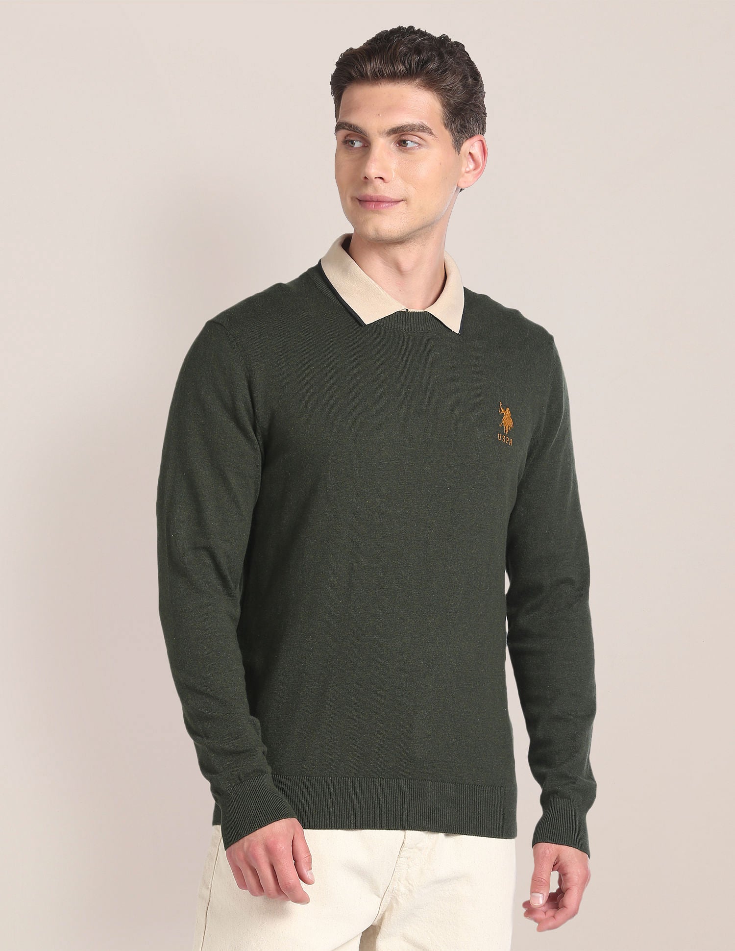 Crew Neck Heathered Sweater Olive - U.S. POLO ASSN. | Large