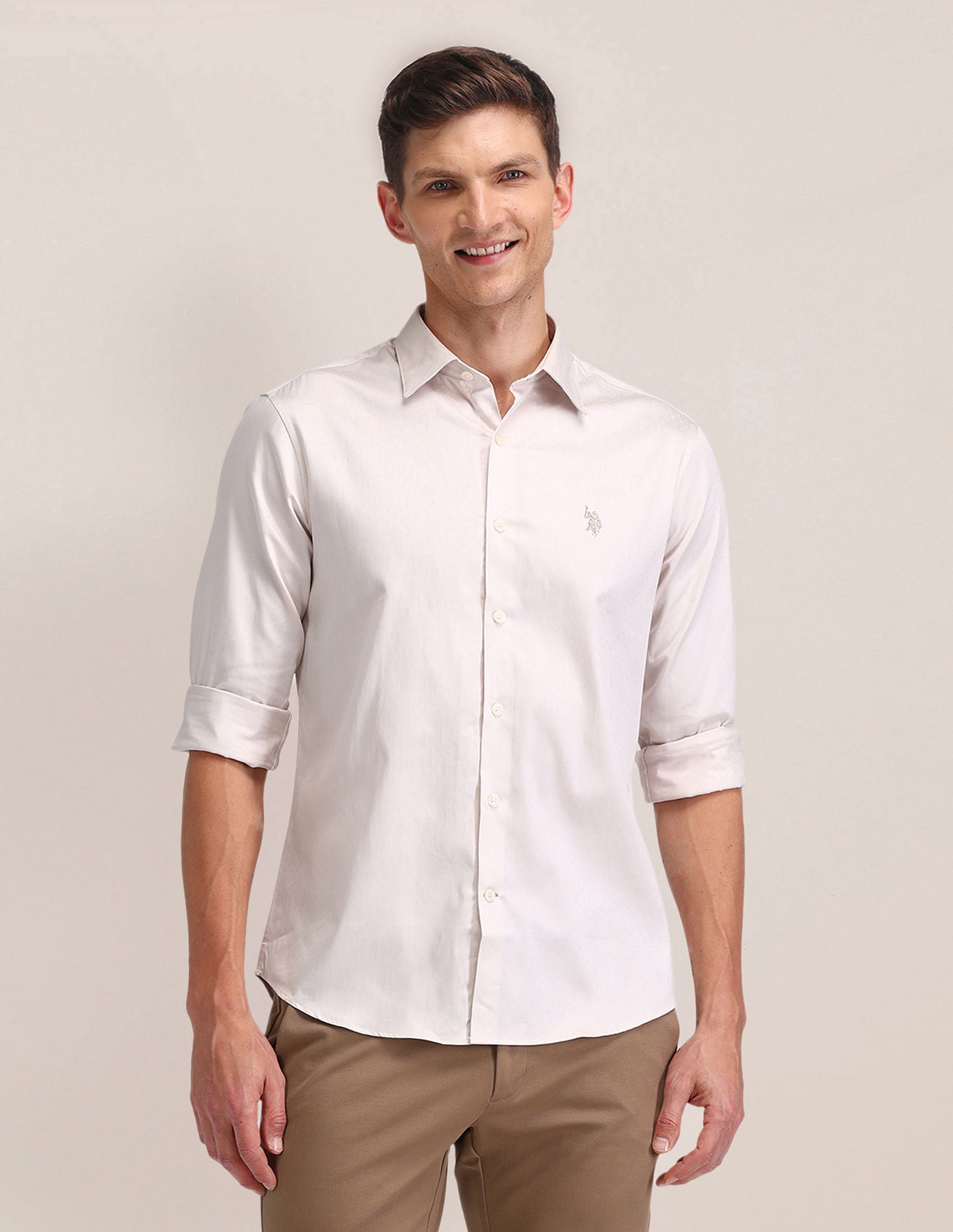 Regular Fit Satin Shirt Ivory - U.S. POLO ASSN. | Large