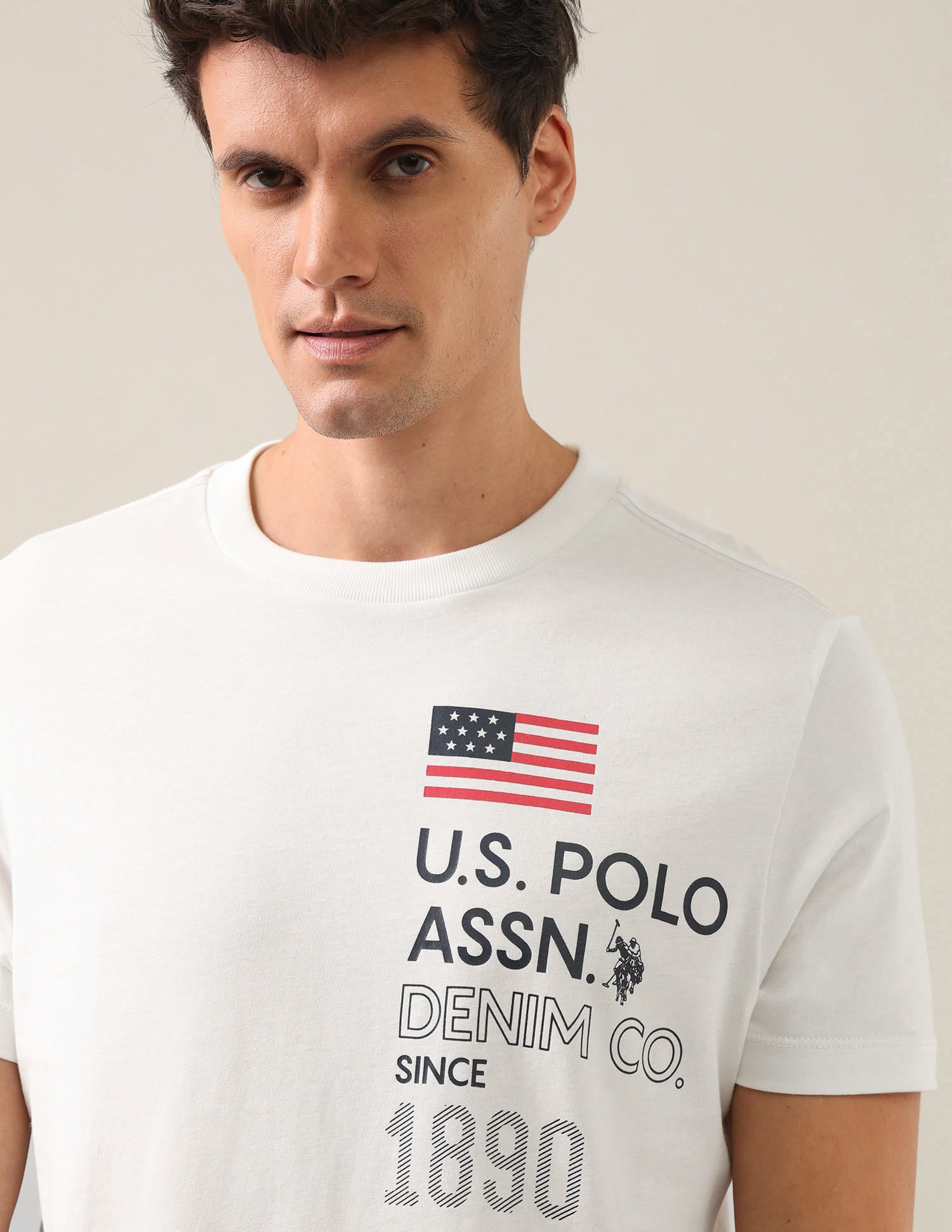 Typographic Brand Printed Regular Fit T-Shirt Ivory - U.S. Polo Assn. India | Large