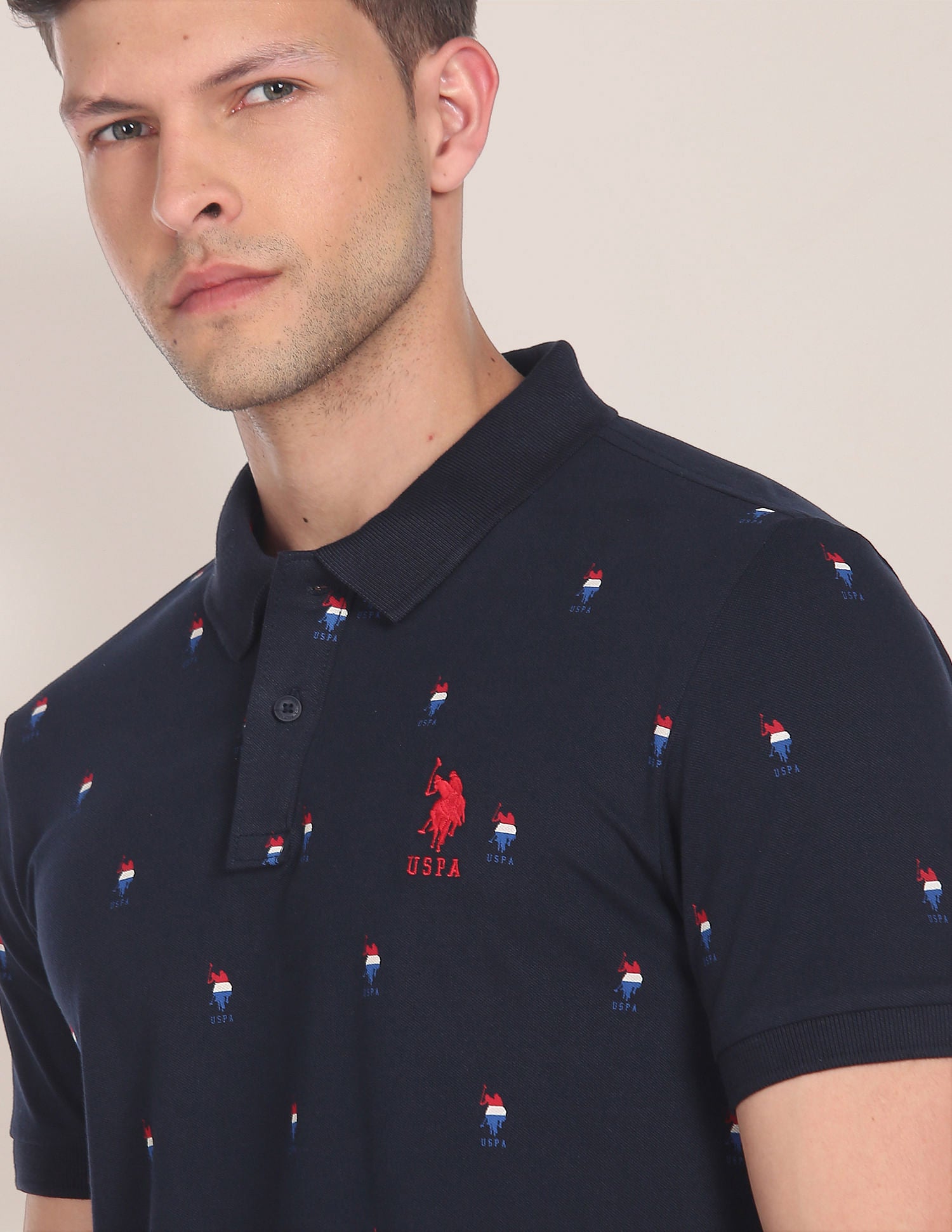 Monogram Print Cotton Polo Shirt Navy - U.S. Polo Assn. India | Large