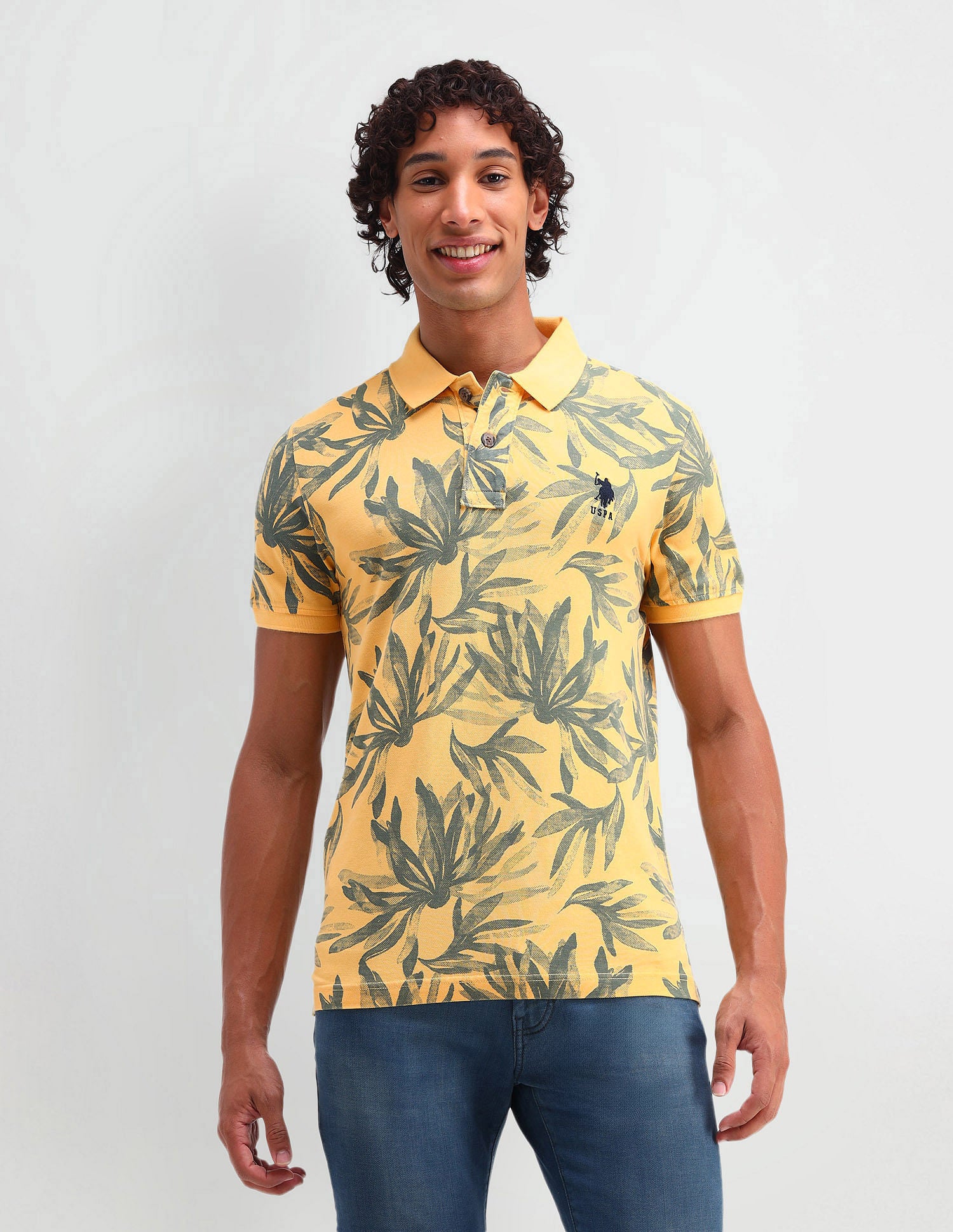 Floral Print Cotton Polo Shirt Yellow - U.S. Polo Assn. India | Large