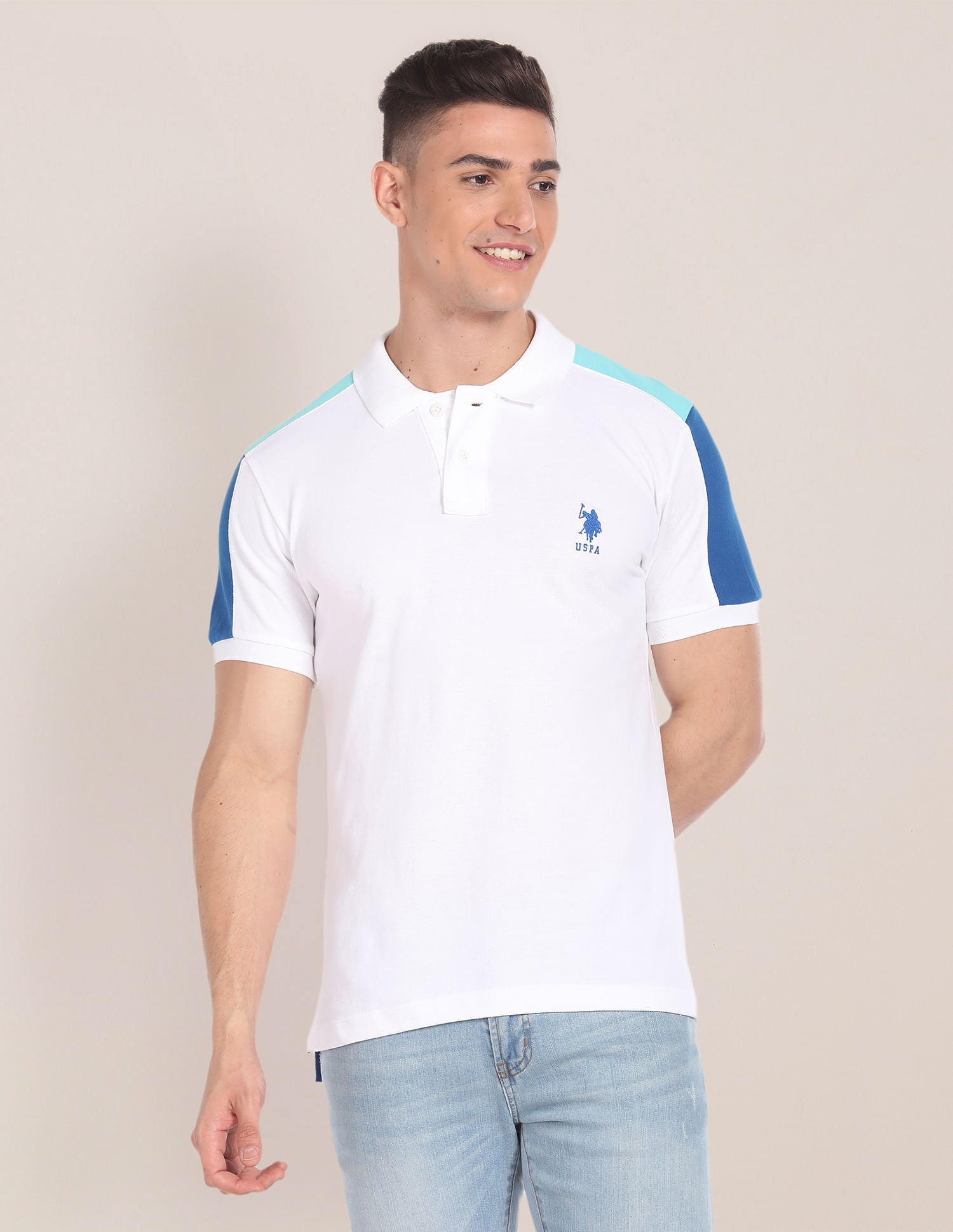 Colour Blocked Cotton Polo Shirt White - U.S. Polo Assn. India | Large