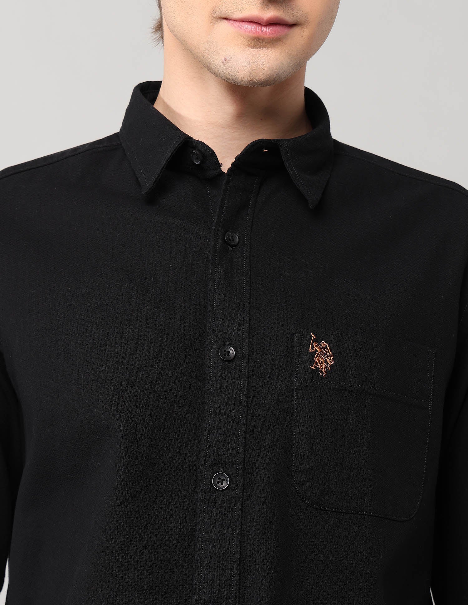 Pure Cotton Regular Fit Dobby Shirt Black - U.S. Polo Assn. India | Large