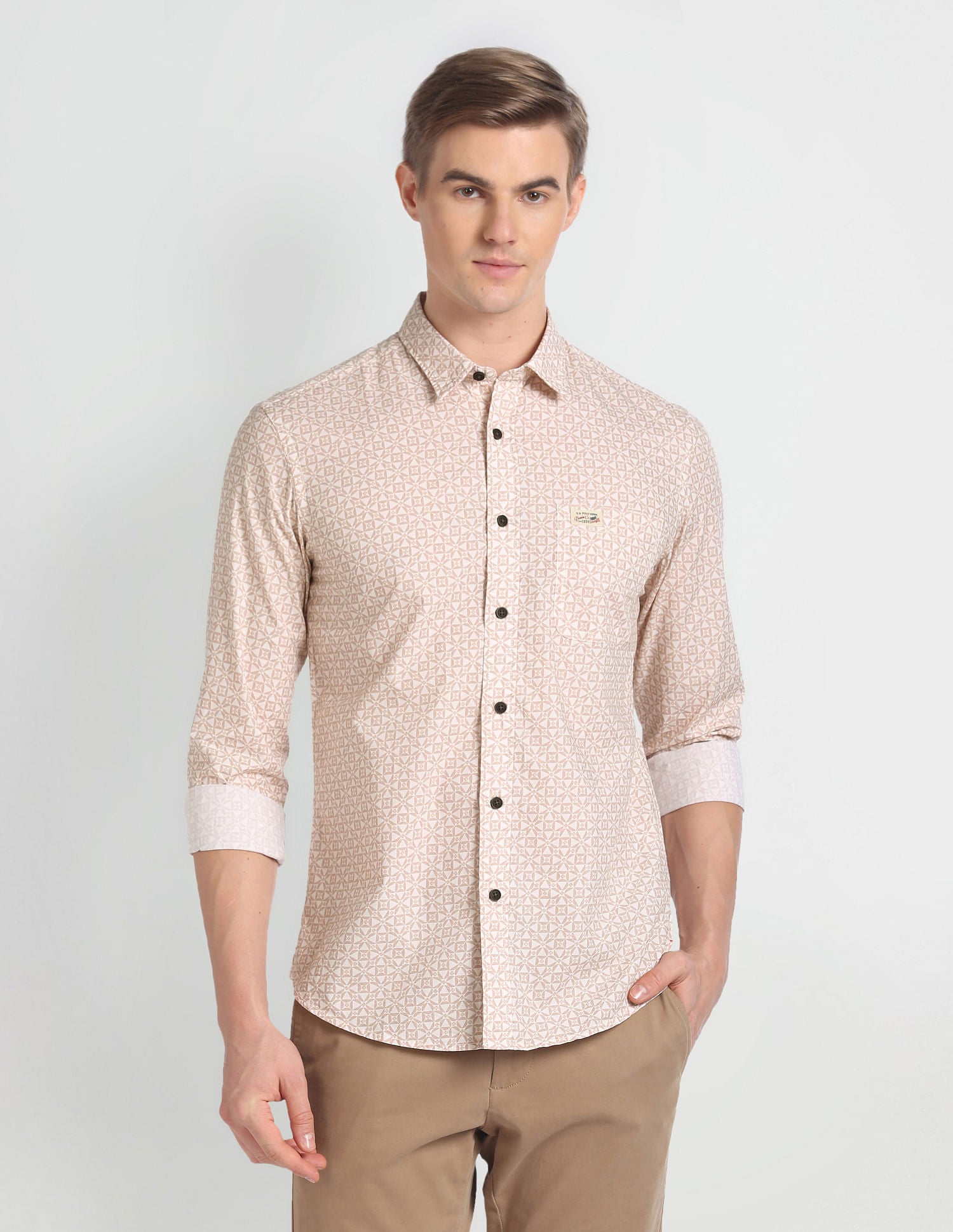 Cutaway Collar Geometric Print Shirt Mustard - U.S. Polo Assn. India | Large