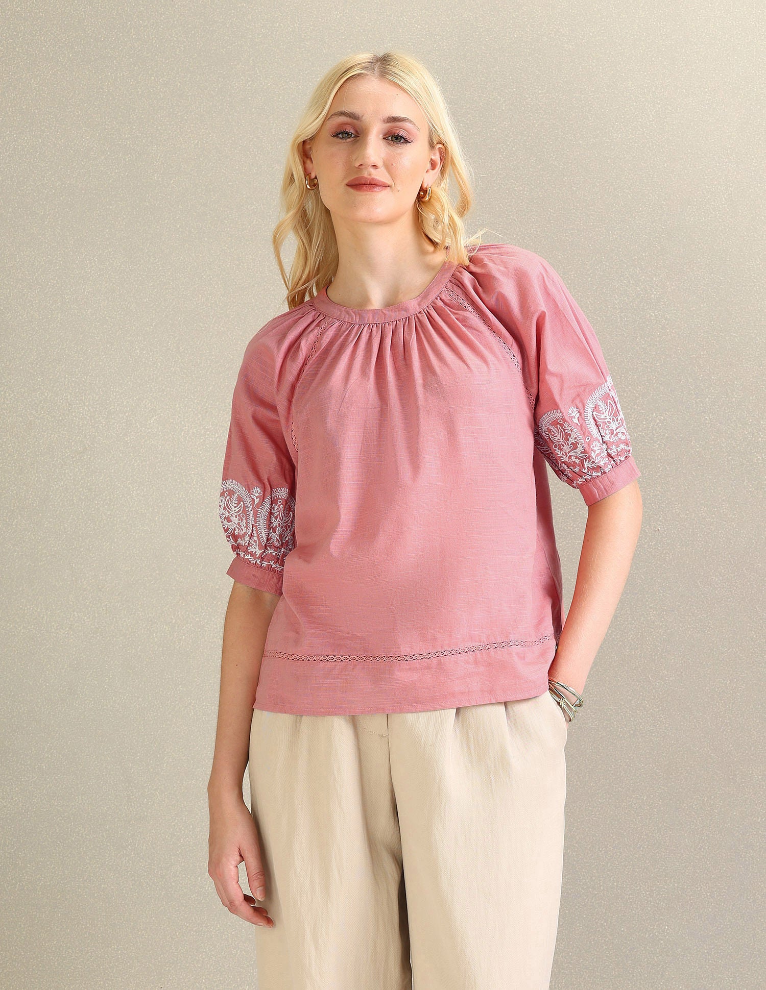 Embroidered Sleeve Cotton Top Pink - U.S. POLO ASSN. | Large