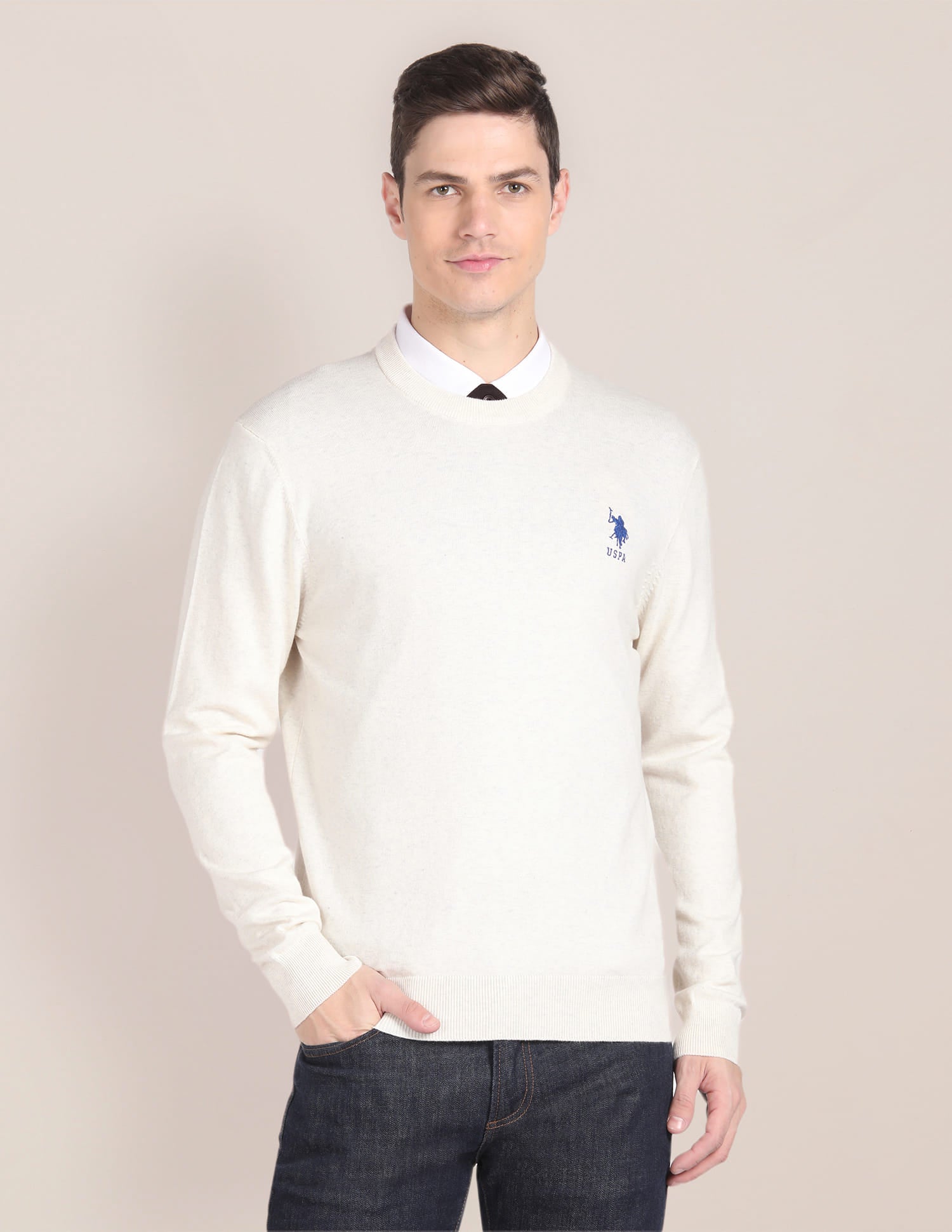 Crew Neck Solid Sweater Off-White - U.S. Polo Assn. India | Large