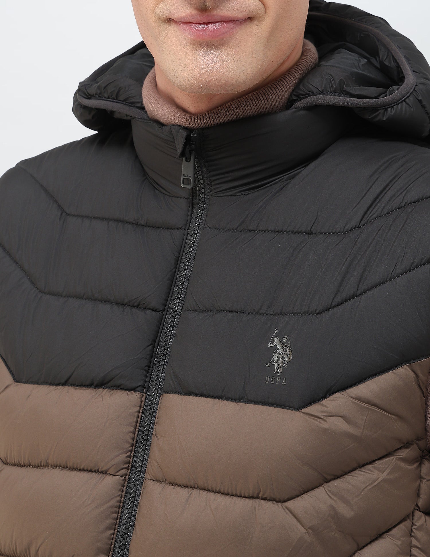 Colour Blocked Removable Hood Puffer Jacket Dark Brown - U.S. POLO ASSN. | Large