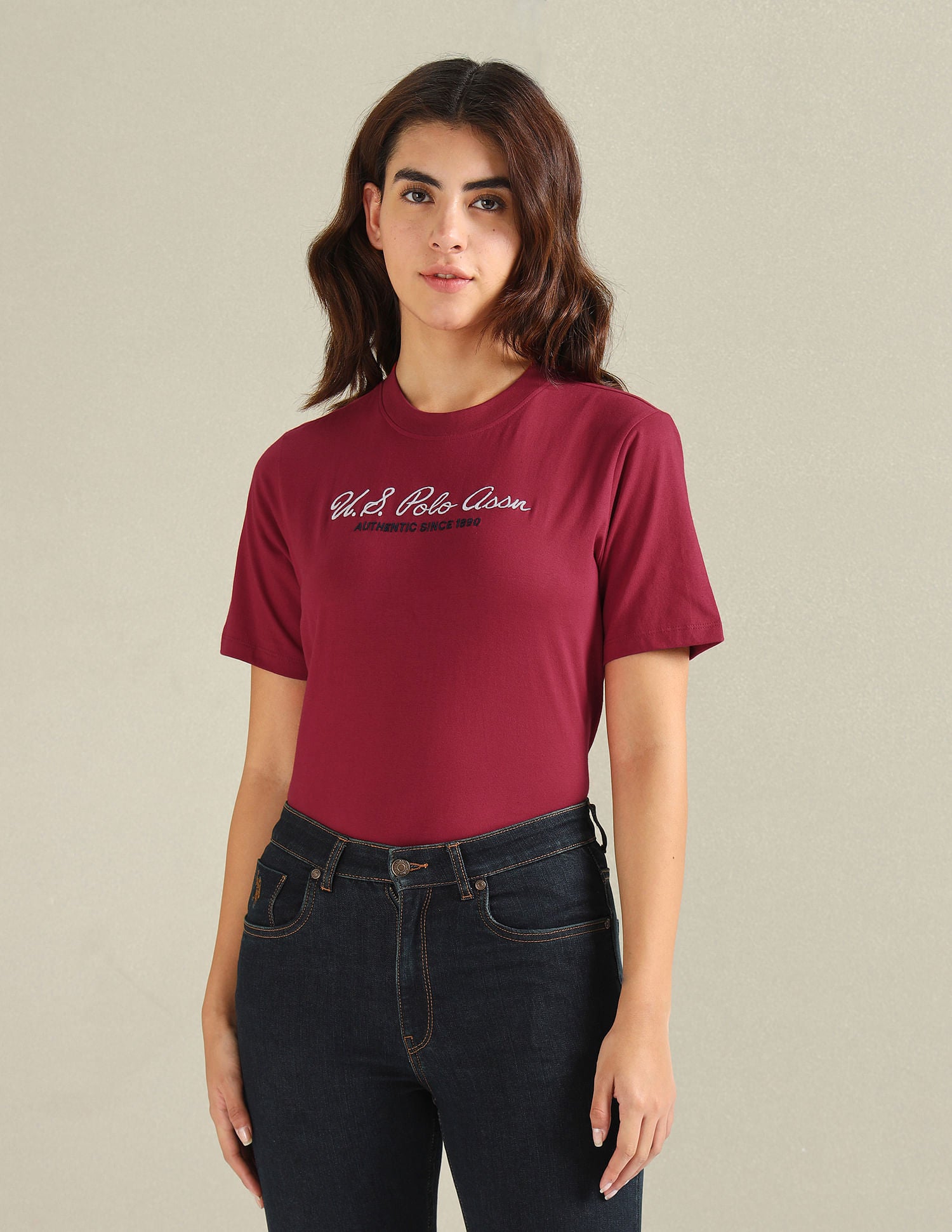 Brand Embroidered Cotton T-Shirt Maroon - U.S. POLO ASSN. | Large