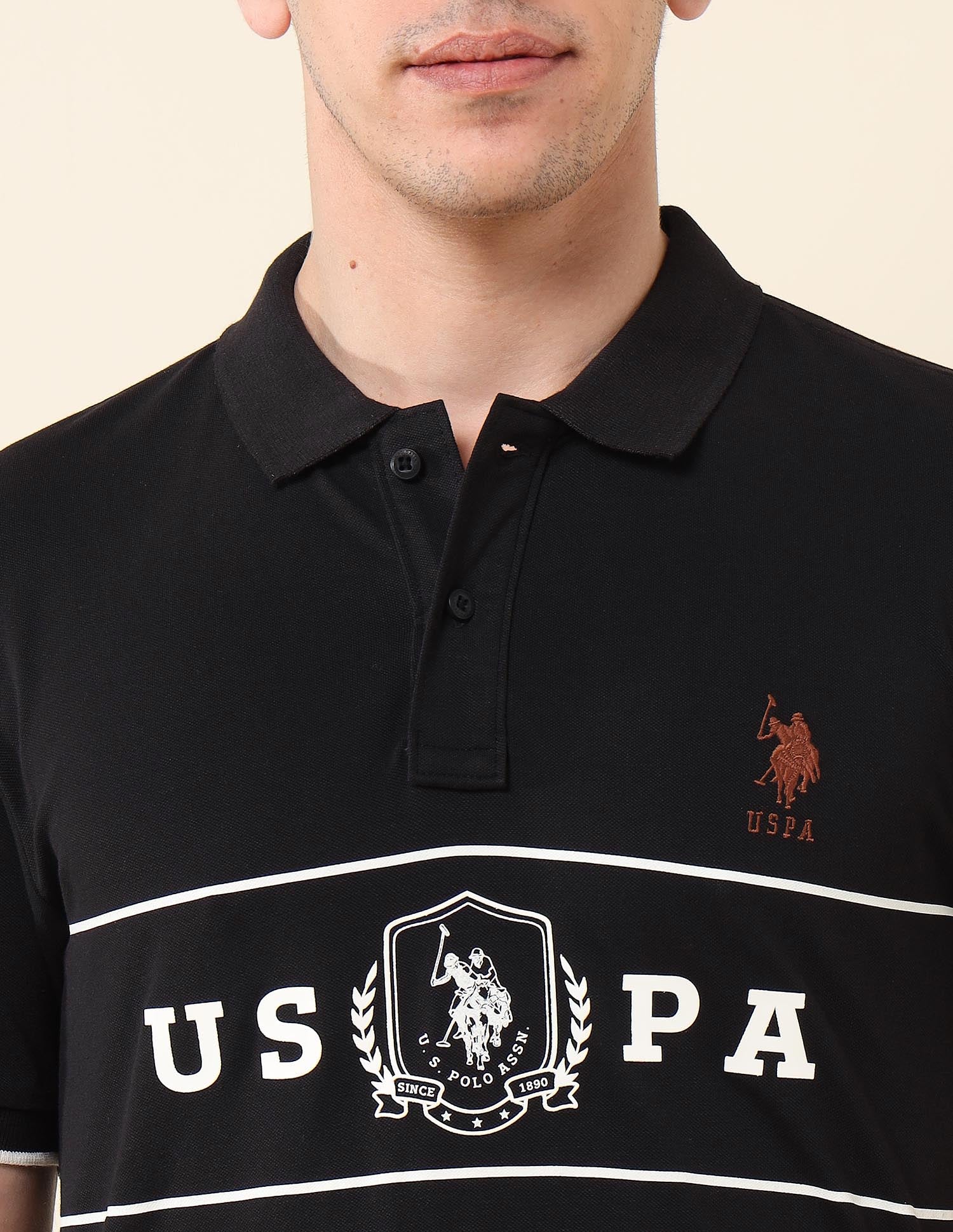 Brand Printed Slim Fit Classic Polo Shirt Black - U.S. Polo Assn. India | Large