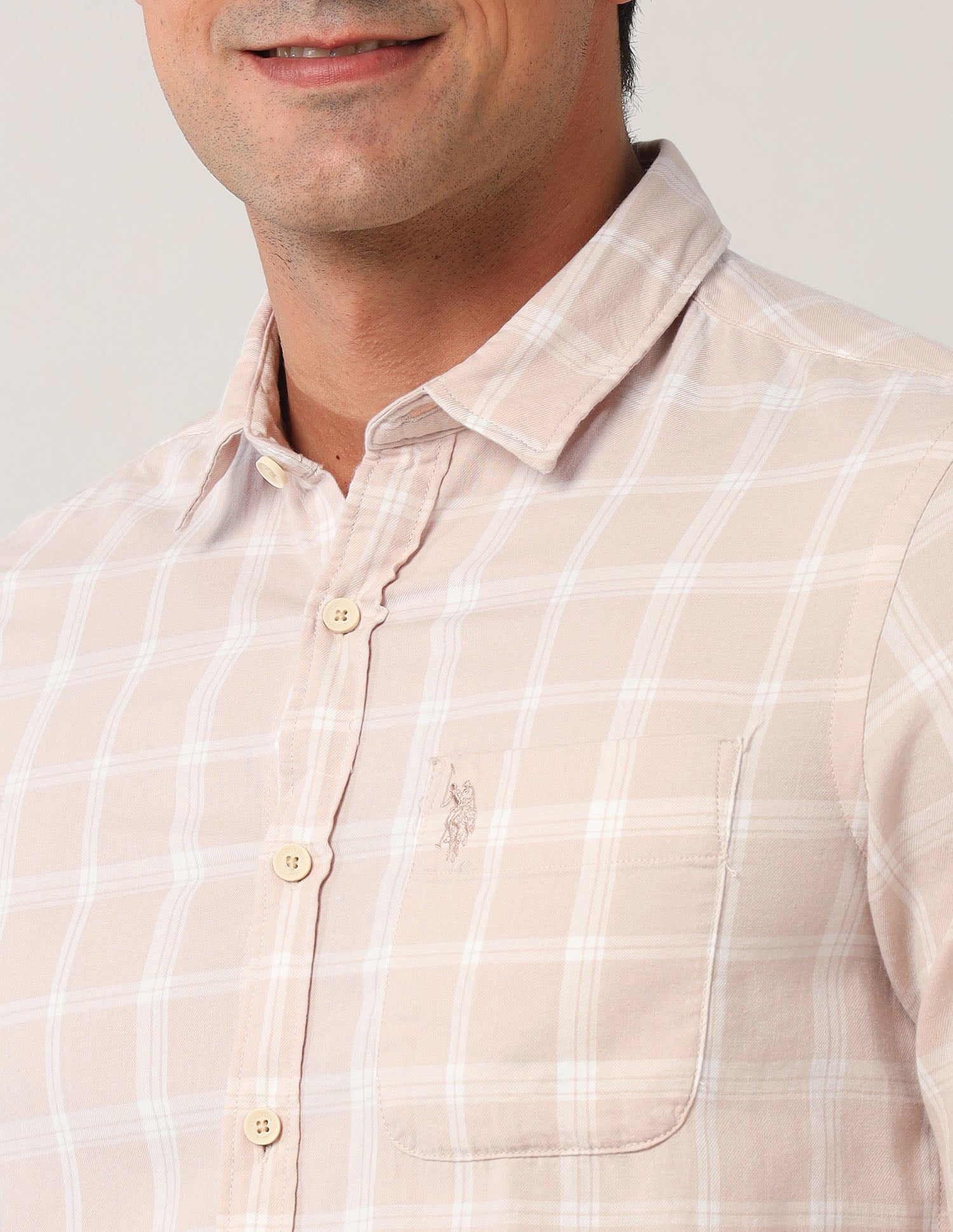Grid Tattersall Checked Regular Fit Shirt Beige - U.S. Polo Assn. India | Large