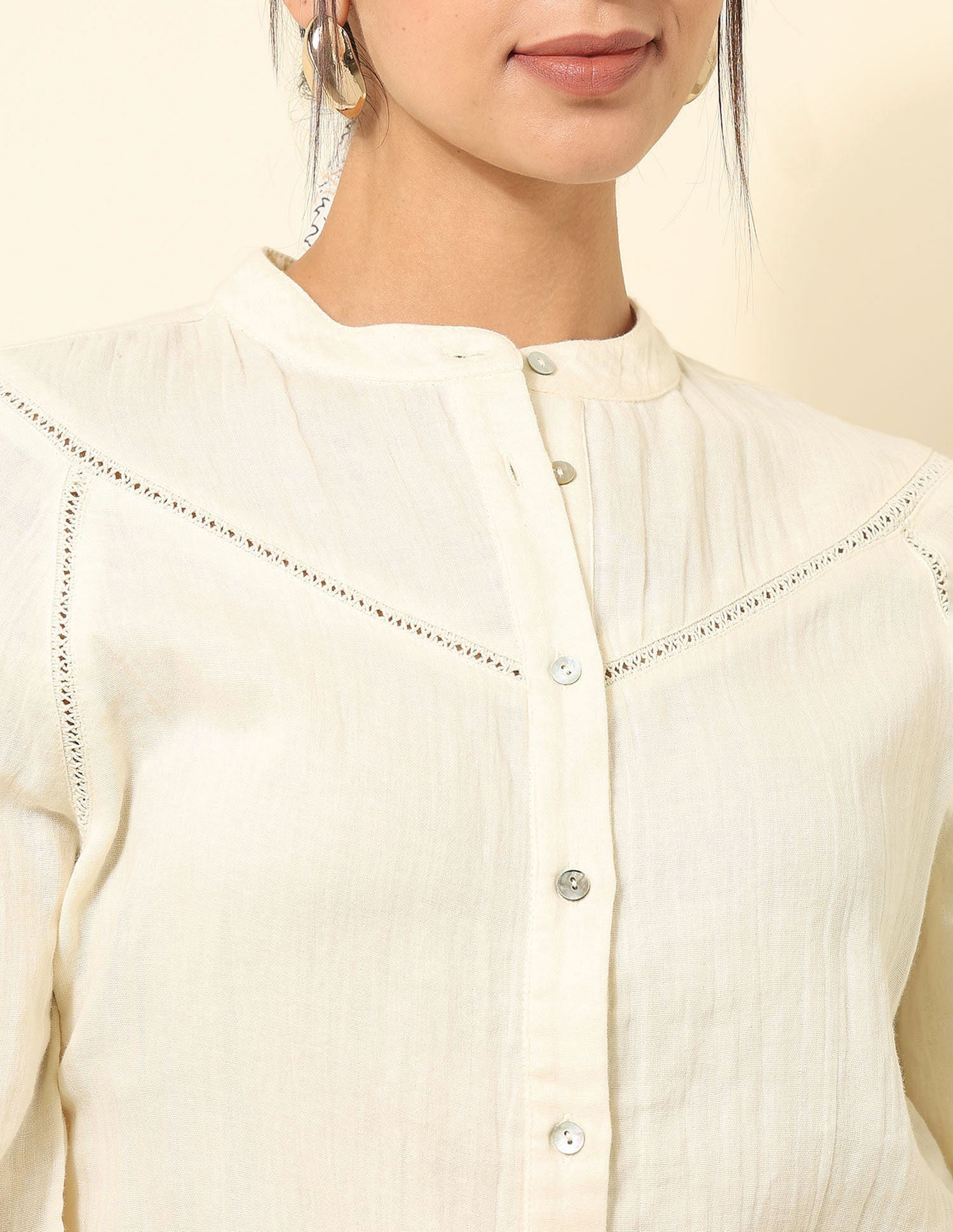 Lace Detailed Solid Shirt Off White - U.S. POLO ASSN. | Large