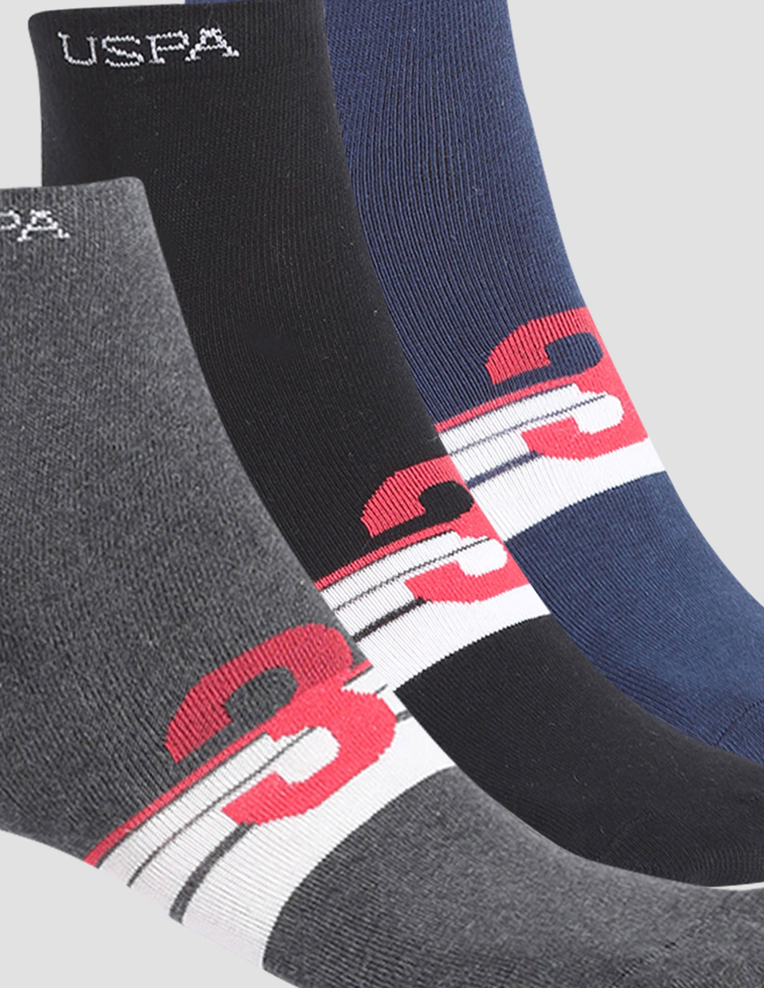 Ankle Length Stretch I646 Socks - Pack Of 3 Navy, Black and Grey - U.S. POLO ASSN. | Large