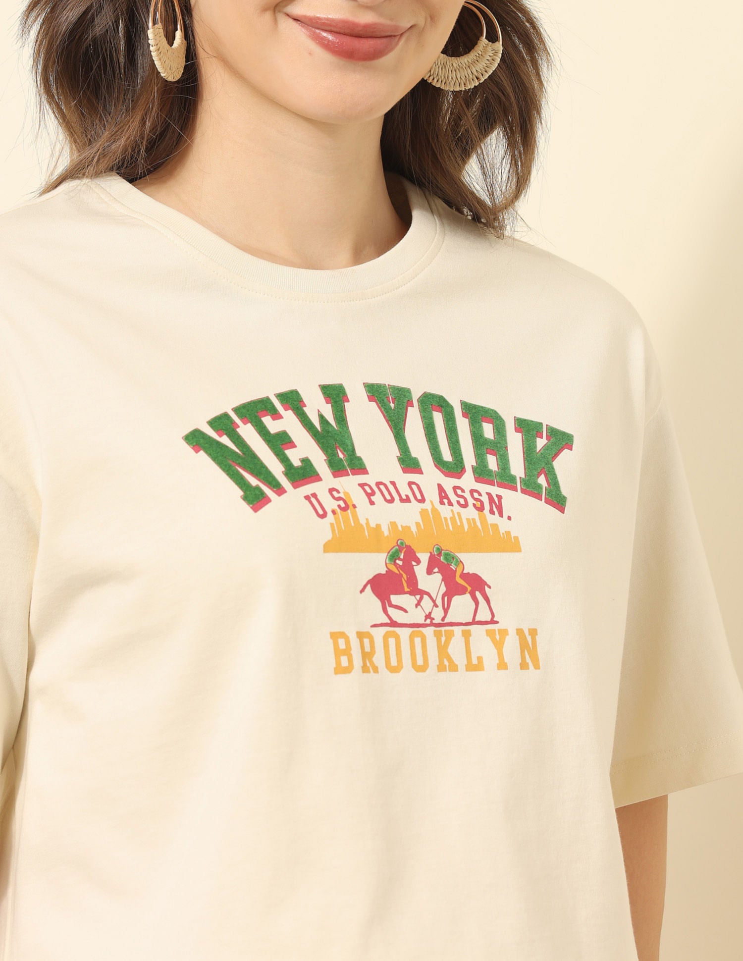 Boyfriend Fit Typography Printed T-Shirt Ecru - U.S. Polo Assn. India | Large