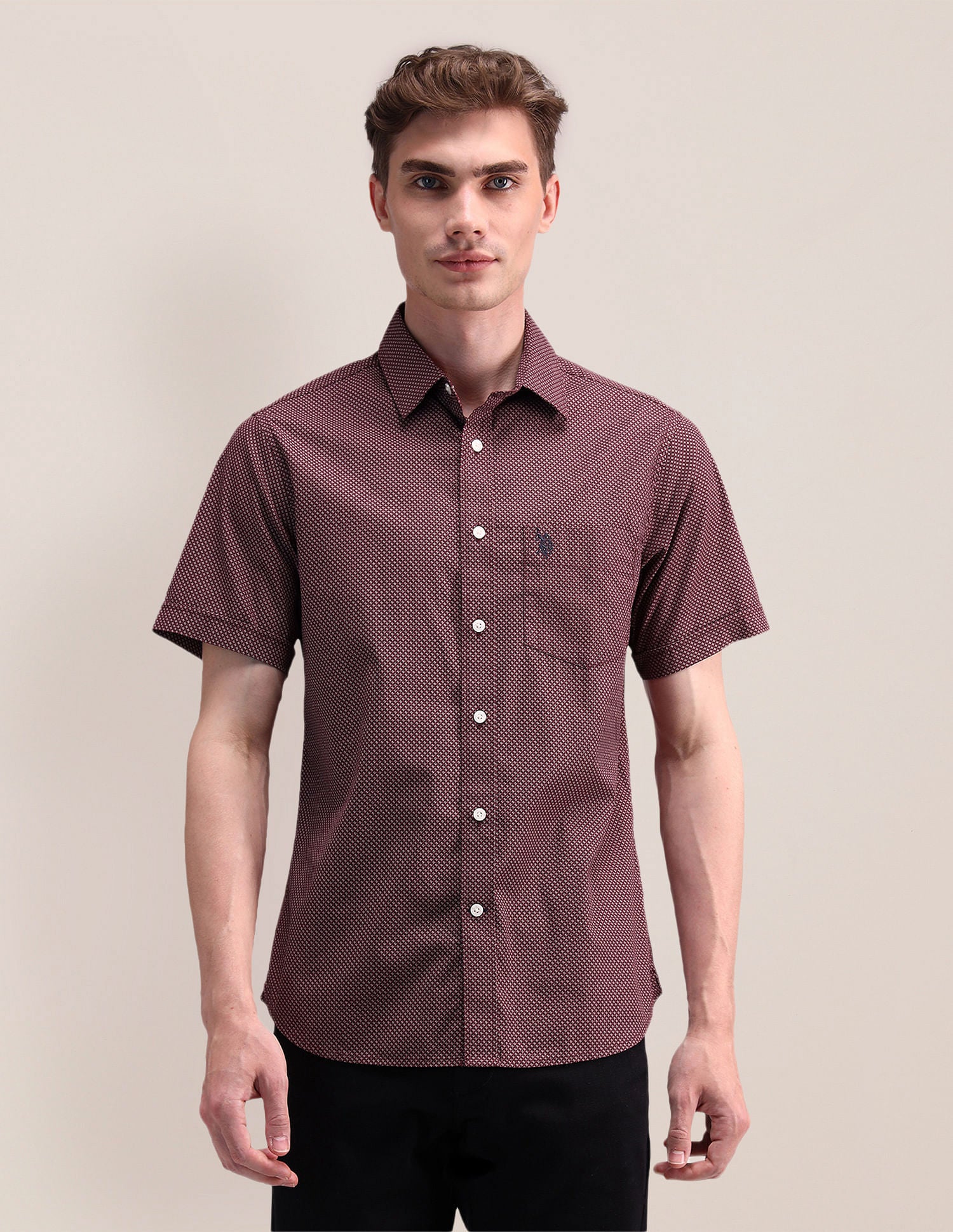 Geometric Print Pure Cotton Shirt Maroon - U.S. Polo Assn. India | Large
