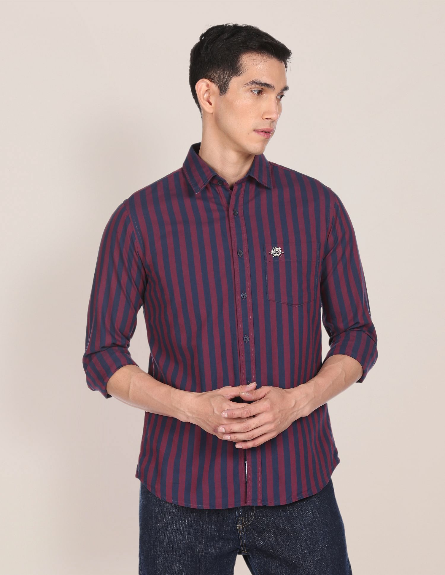 Men Maroon And Navy Striped Cotton Formal Shirt Maroon and Navy - U.S. POLO ASSN. | Large