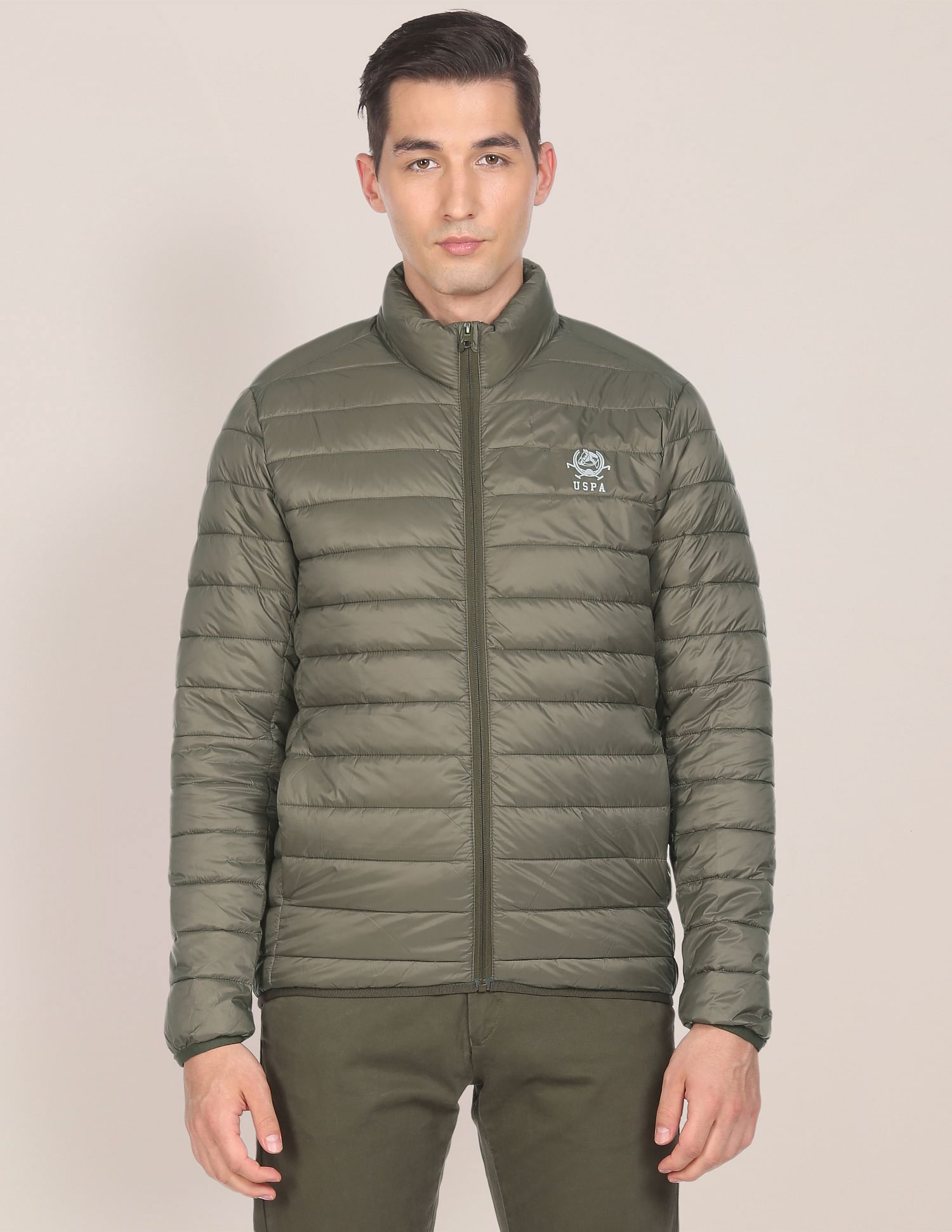 High Neck Nylon Solid Puffer Jacket Olive - U.S. POLO ASSN. | Large