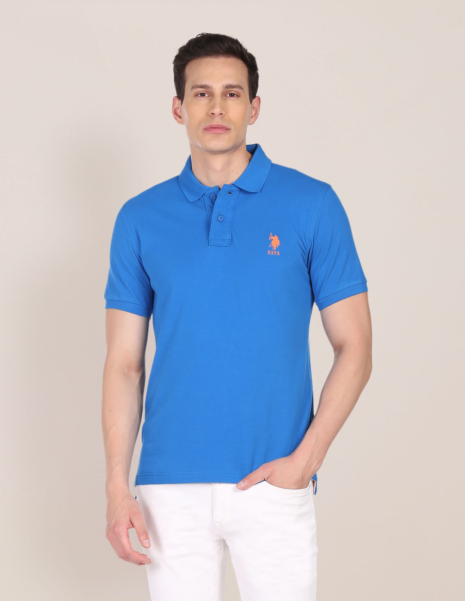 Ribbed Collar Solid Polo Shirt Blue - U.S. Polo Assn. India | Large