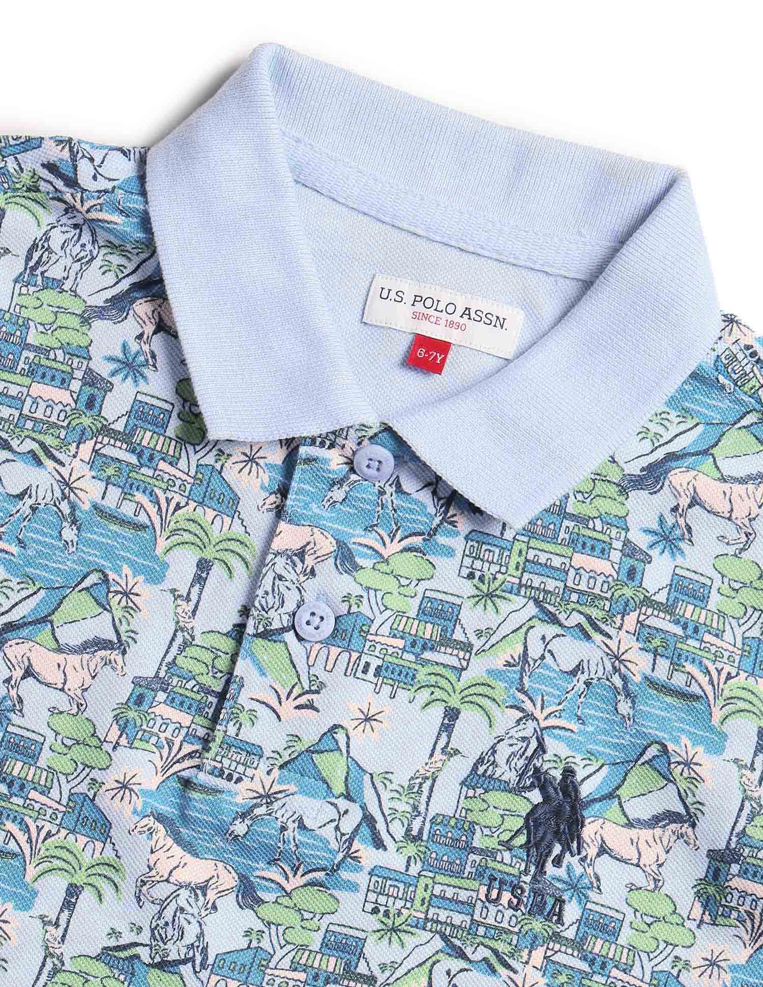 Boys Regular Fit All Over Printed Polo Shirt Light Blue - U.S. POLO ASSN. | Large