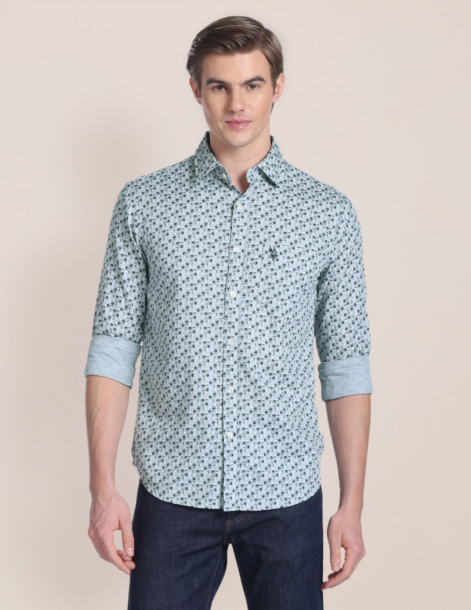 Pure Cotton Geometric Print Shirt Grey - U.S. POLO ASSN. | Large