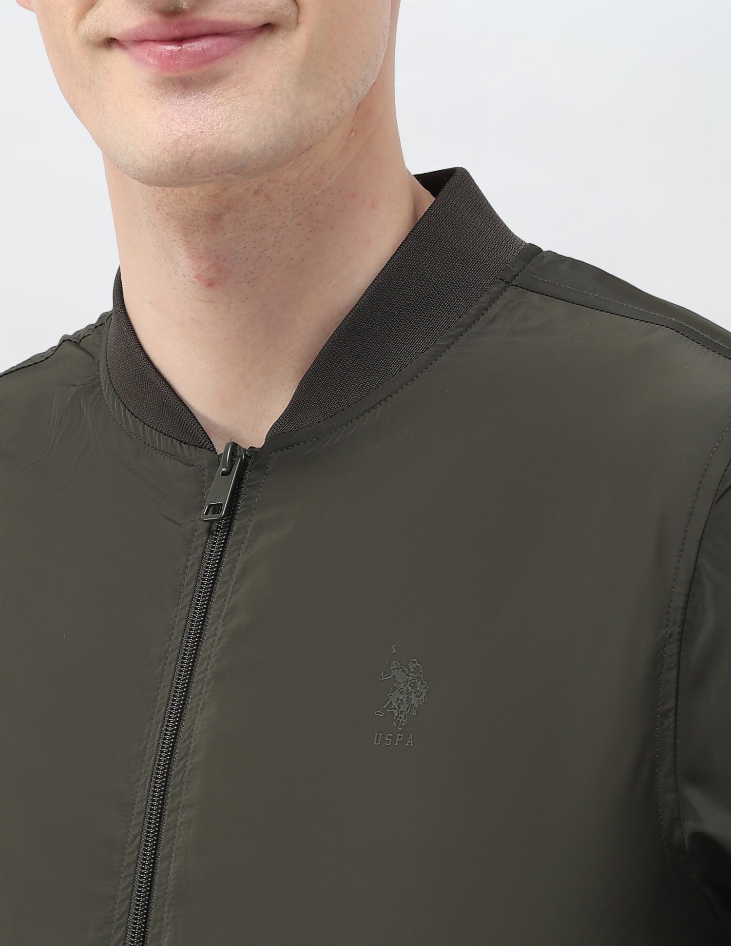 Solid Regular Fit Bomber Jacket Olive - U.S. Polo Assn. India | Large
