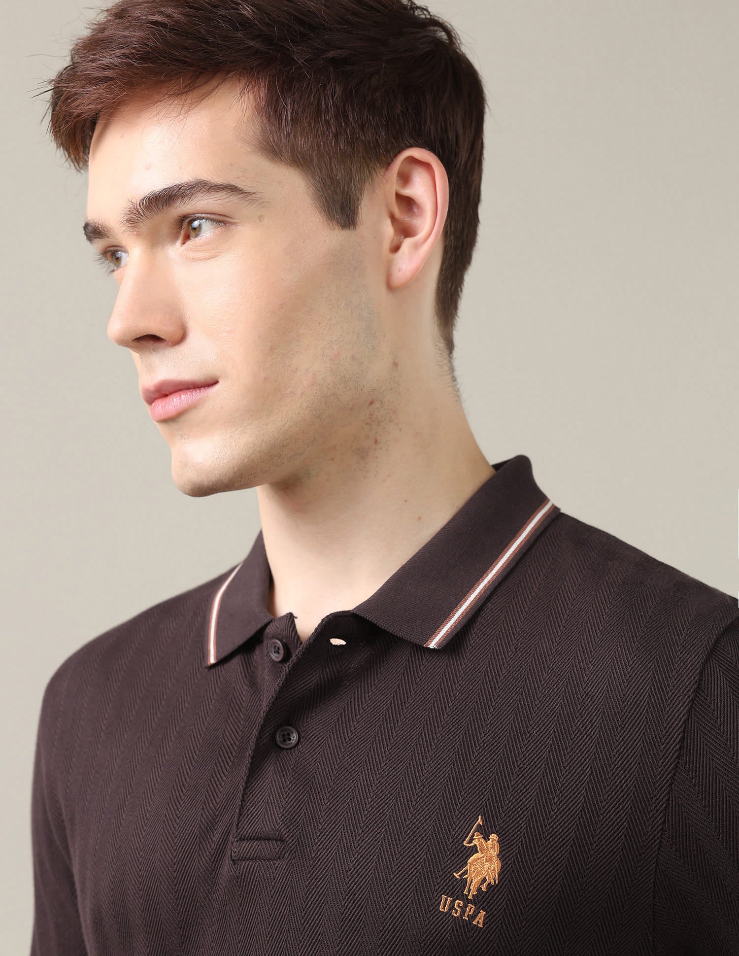 Textured Chevron Slim Fit Polo Shirt Brown - U.S. Polo Assn. India | Large