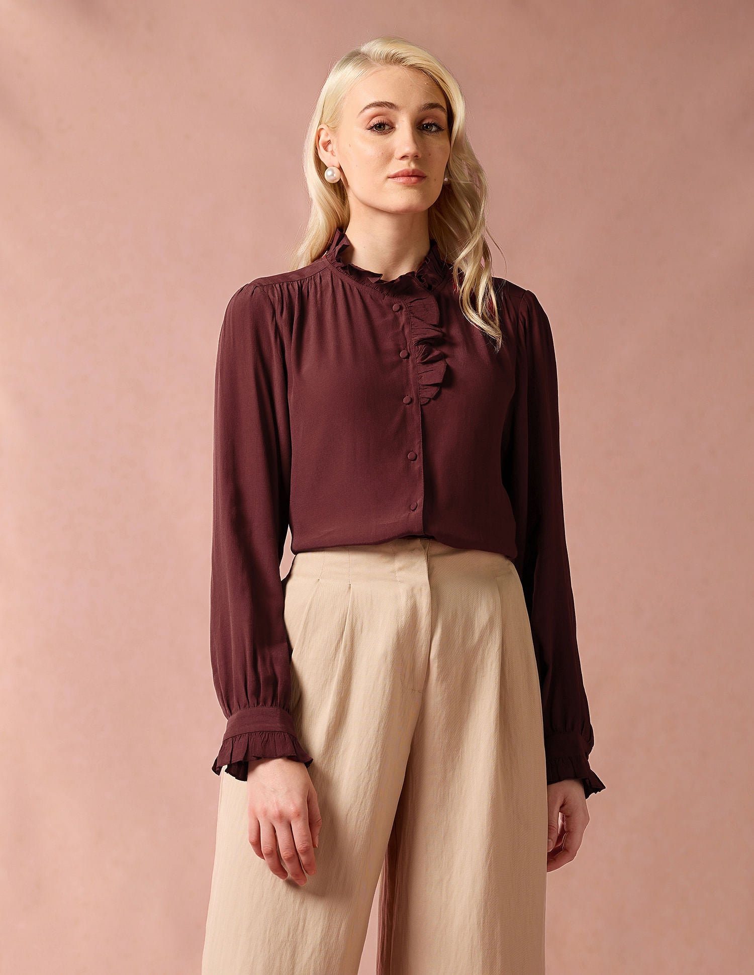 Ruffle Neck Regular Fit Top Maroon - U.S. POLO ASSN. | Large