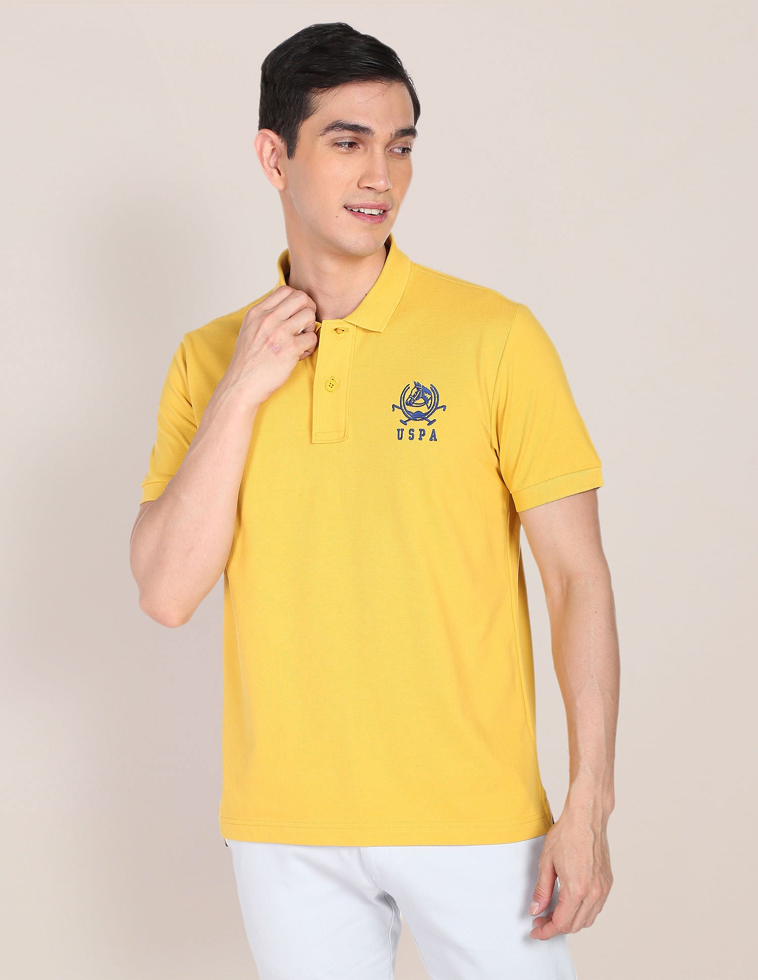 Men Mustard Solid Pure Cotton Polo Shirt Mustard - U.S. Polo Assn. India | Large