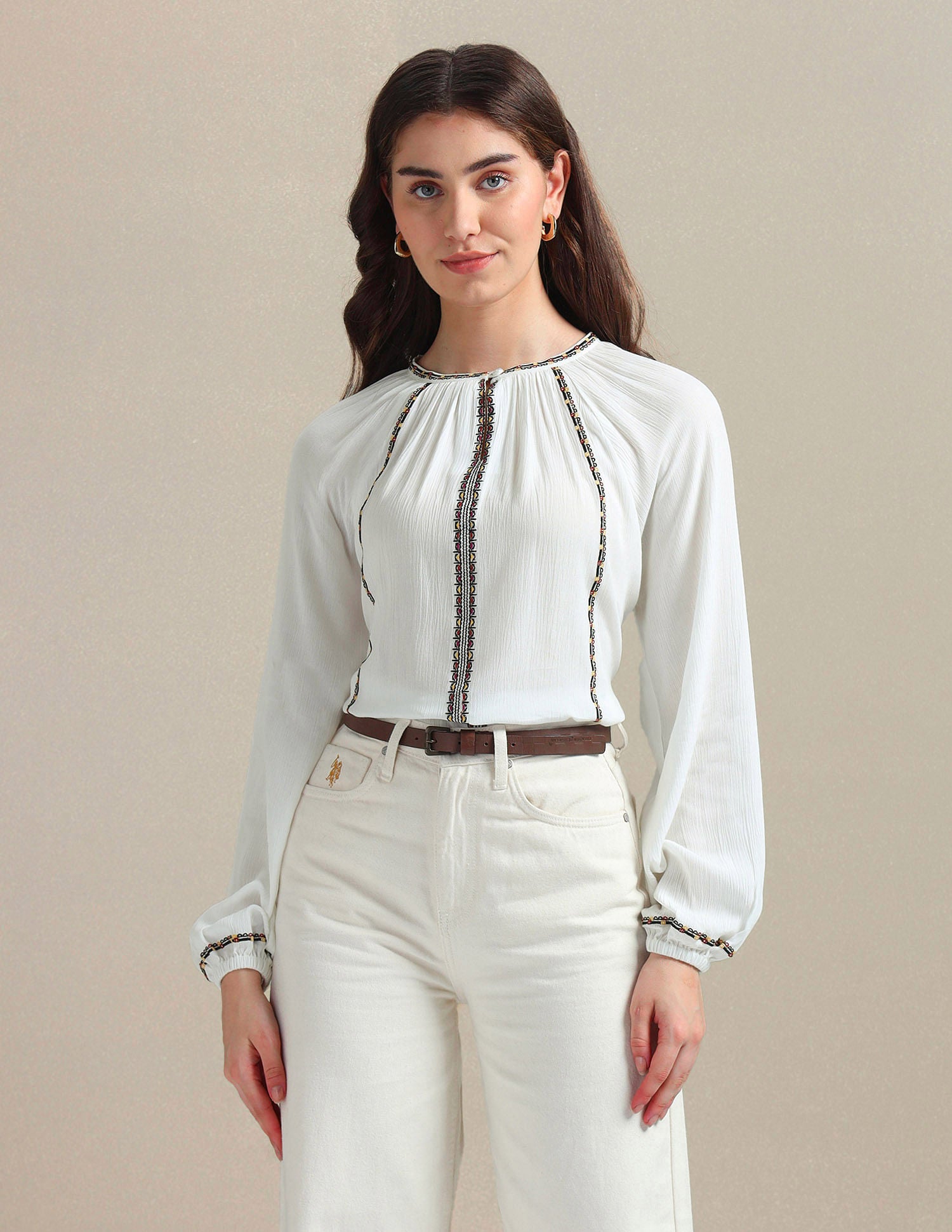 Cotton Flax Embroidered Top Off-White - U.S. POLO ASSN. | Large