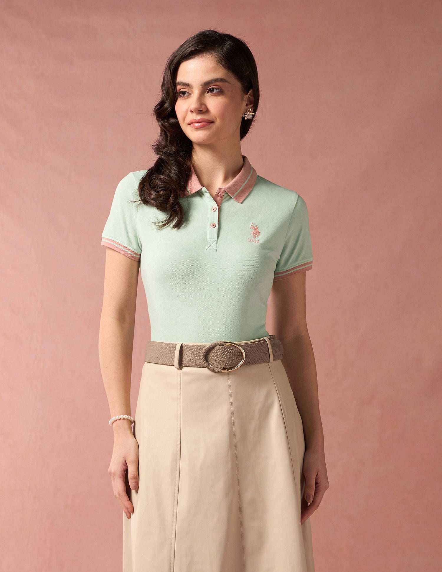 Contrast Striped Collar Solid Polo Shirt Mint - U.S. POLO ASSN. | Large