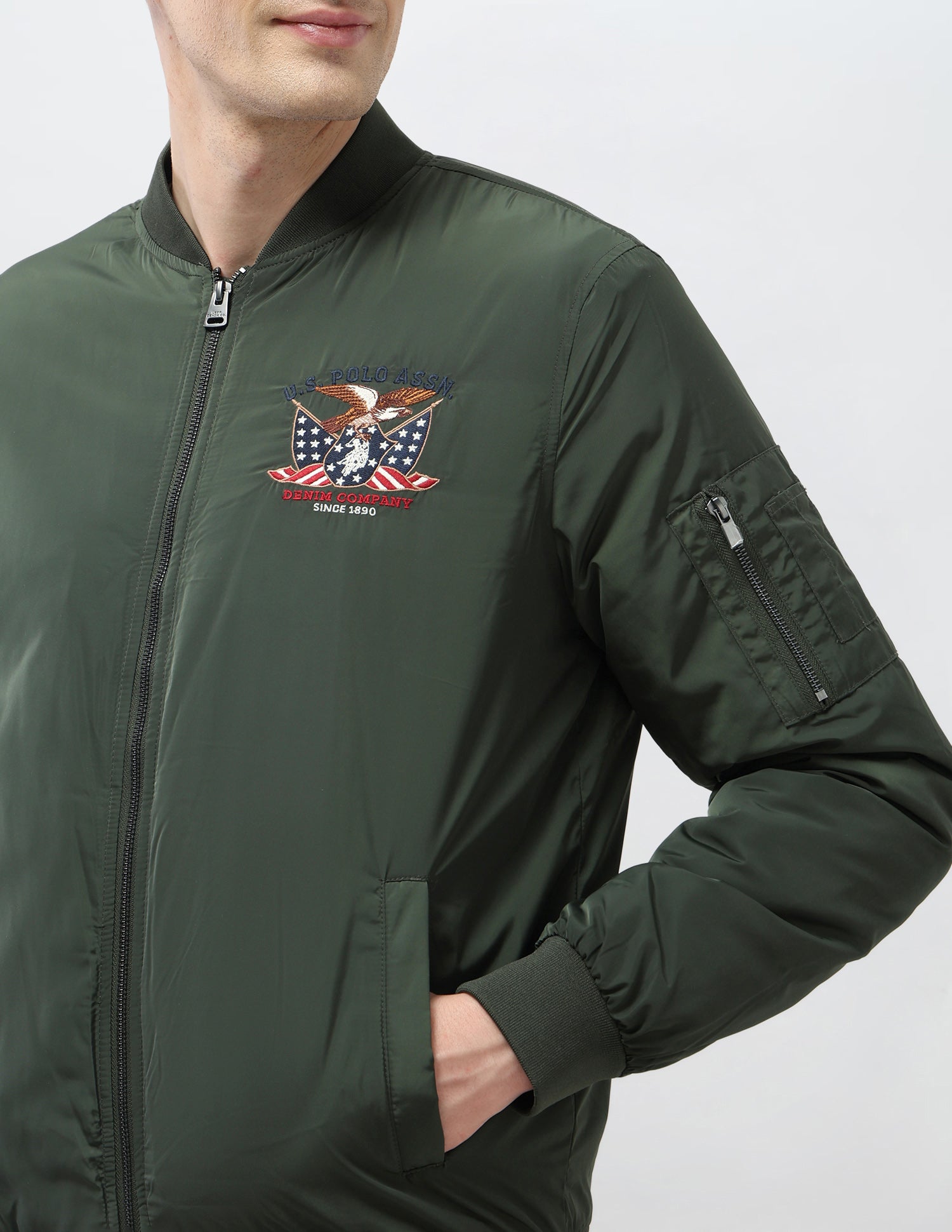 Solid Regular Fit Bomber Jacket Olive - U.S. Polo Assn. India | Large