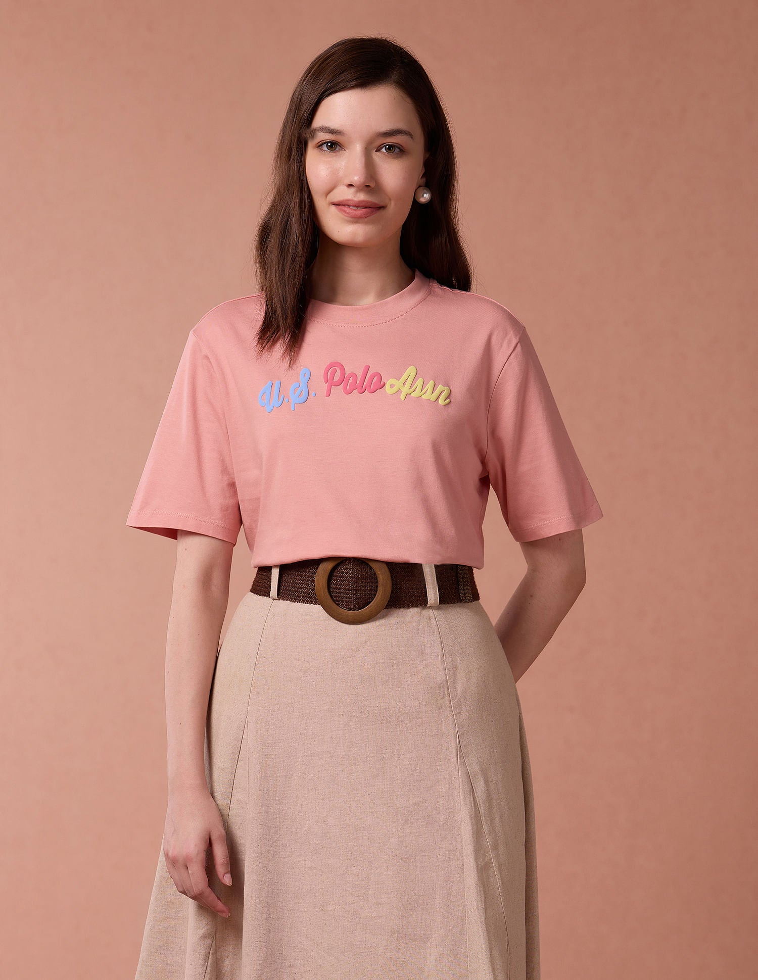 Brand Print Boyfriend T-Shirt Peach - U.S. POLO ASSN. | Large