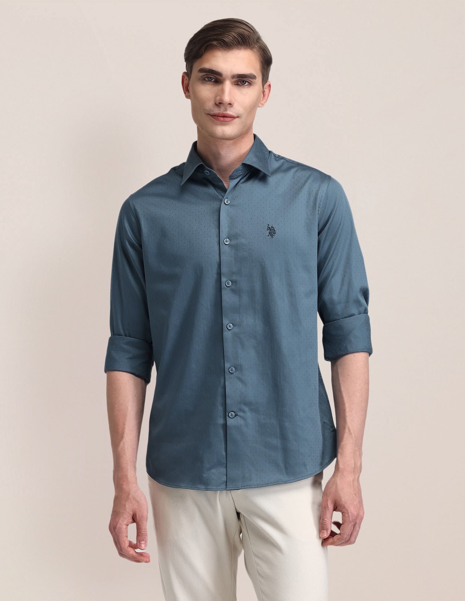 Tailored Fit Satin Shirt Teal - U.S. Polo Assn. India | Large
