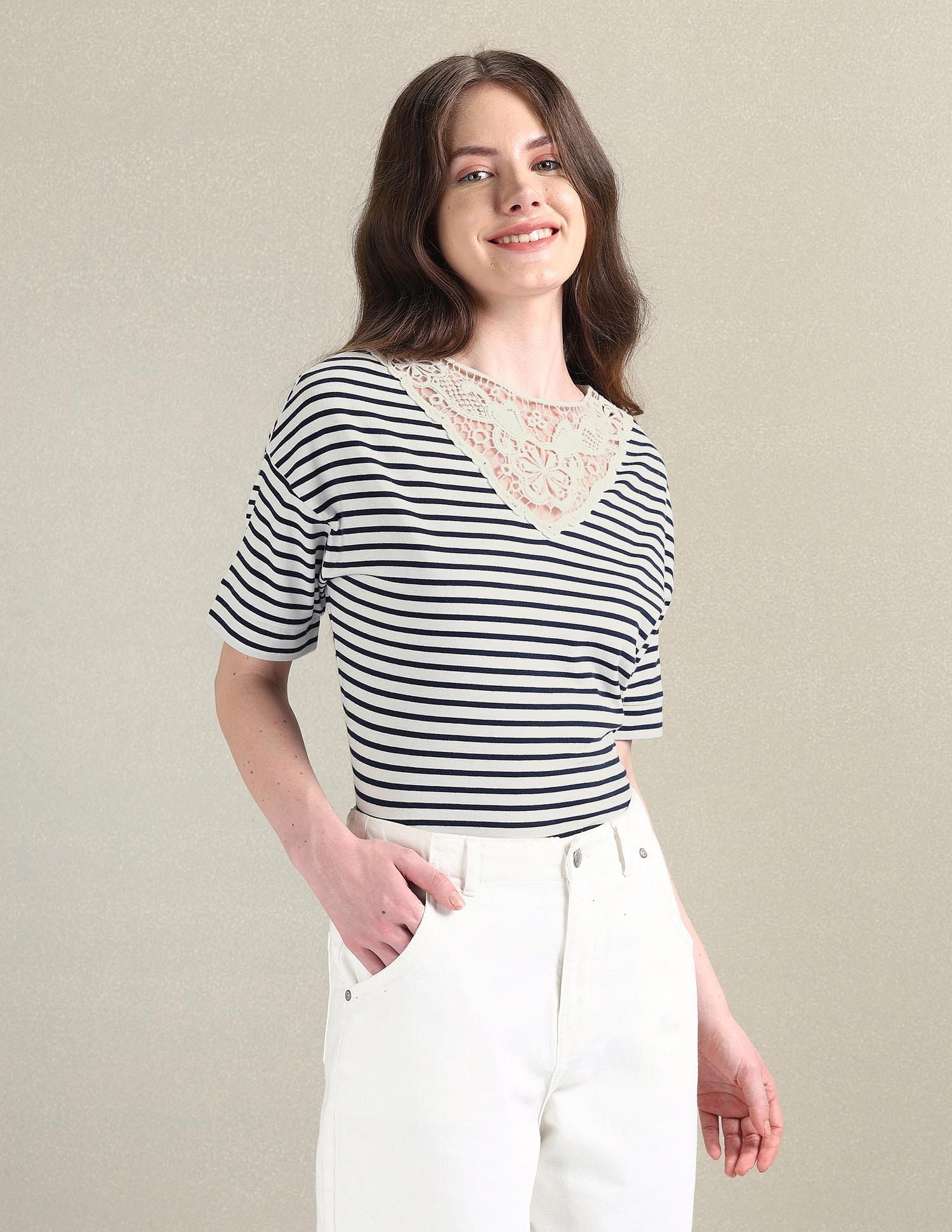 Lace Overlay Striped T-Shirt White - U.S. Polo Assn. India | Large