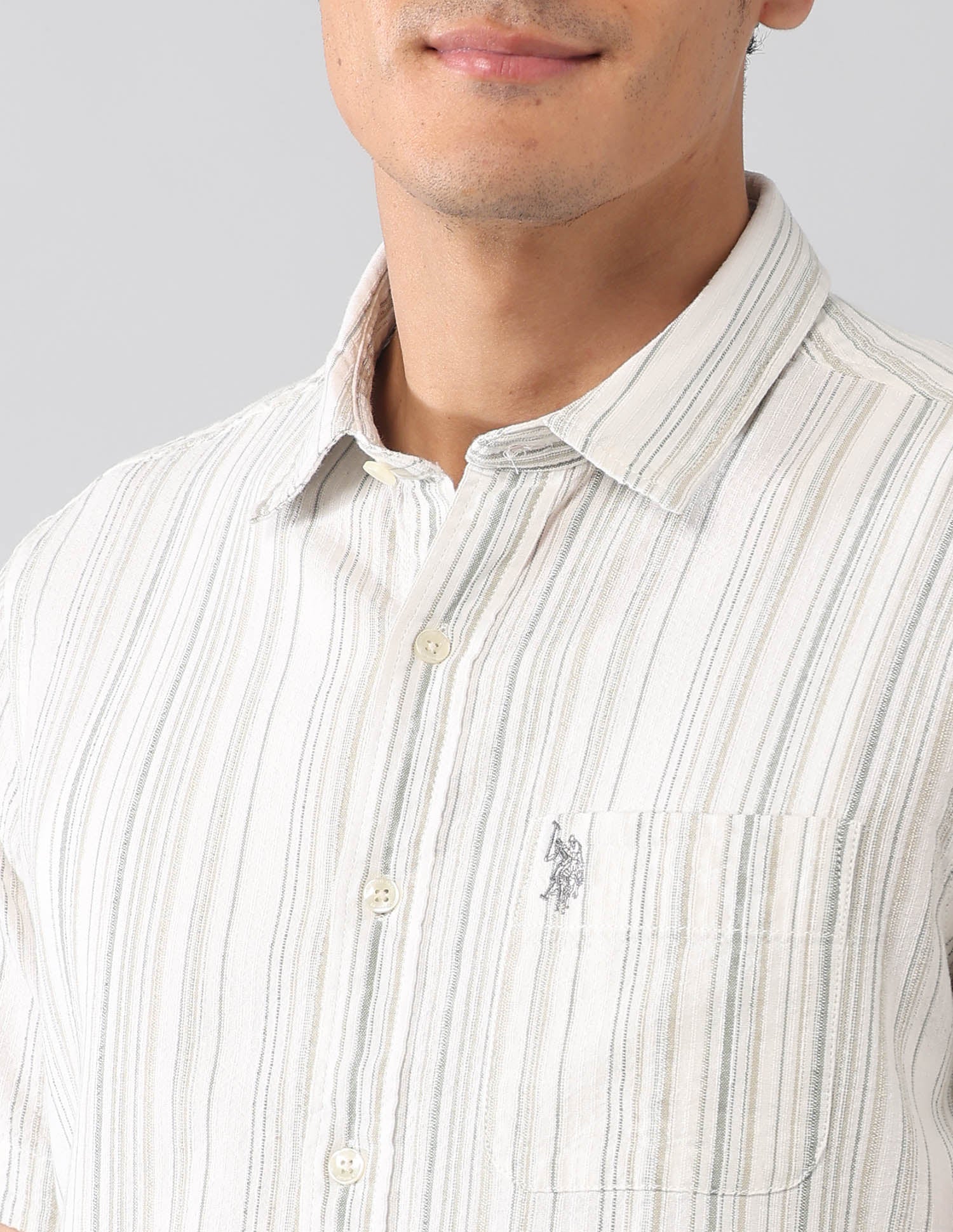 Vertical Striped Seersucker Regular Fit Shirt Olive - U.S. Polo Assn. India | Large