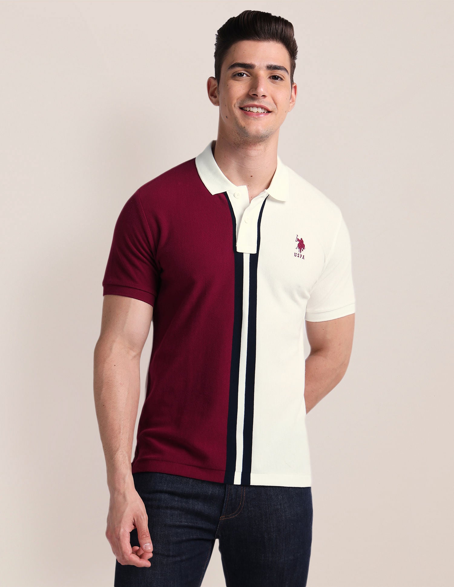 Slim Fit Colour Block Polo Shirt Maroon - U.S. Polo Assn. India | Large