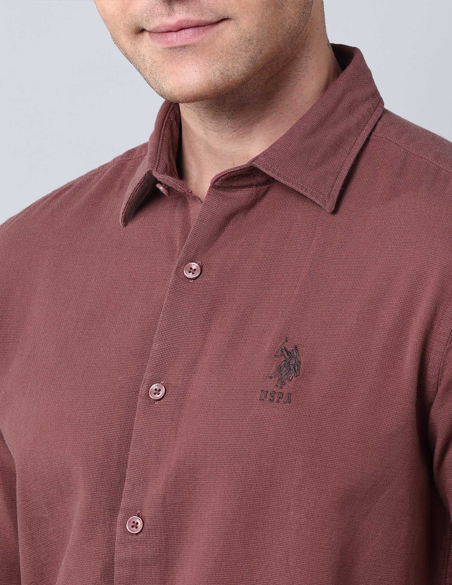 Solid Pure Cotton Dobby Shirt Rust - U.S. Polo Assn. India | Large