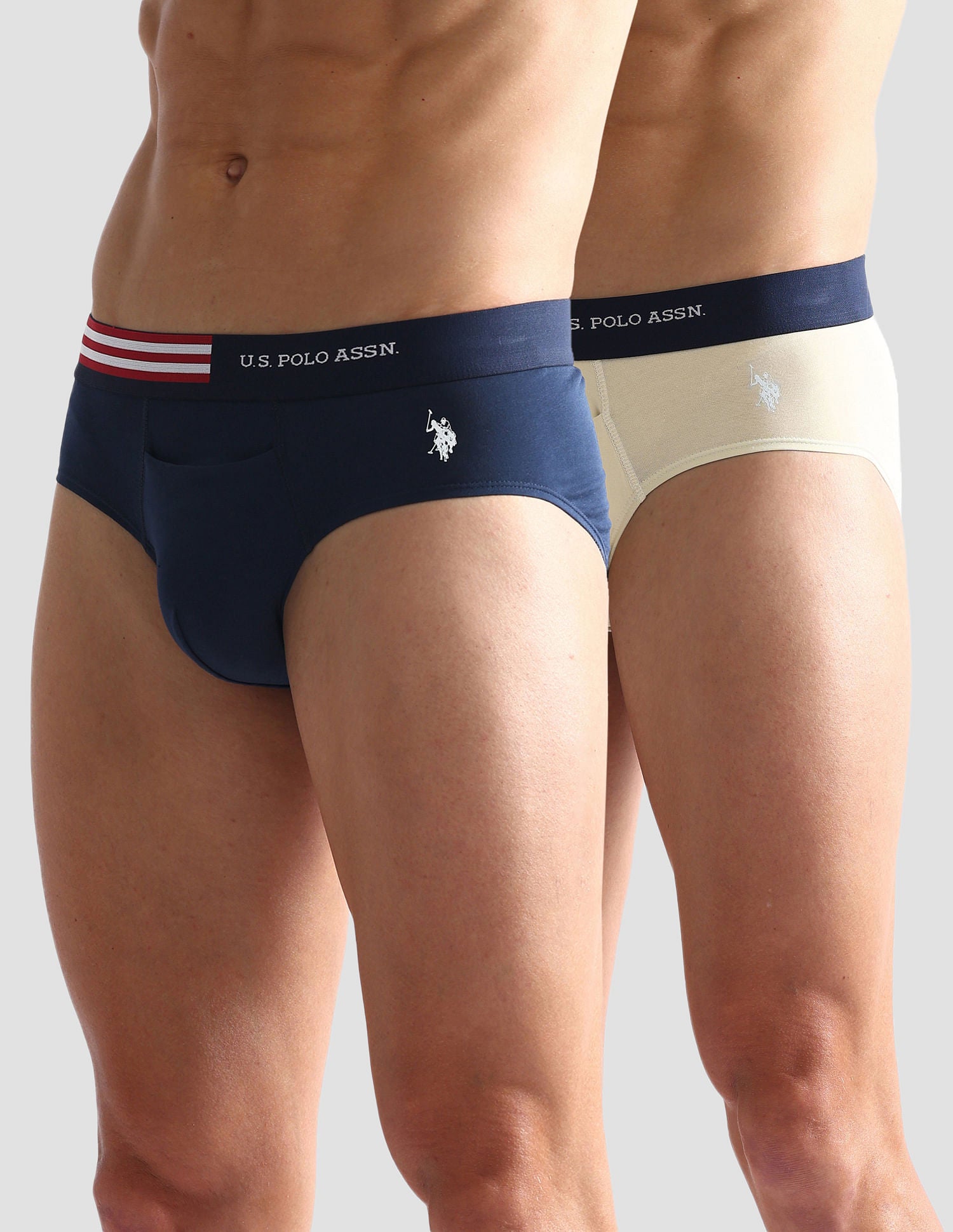 Flag Waist Single Jersey OEB06 Briefs - Pack Of 2 Beige and Navy - U.S. POLO ASSN. | Large
